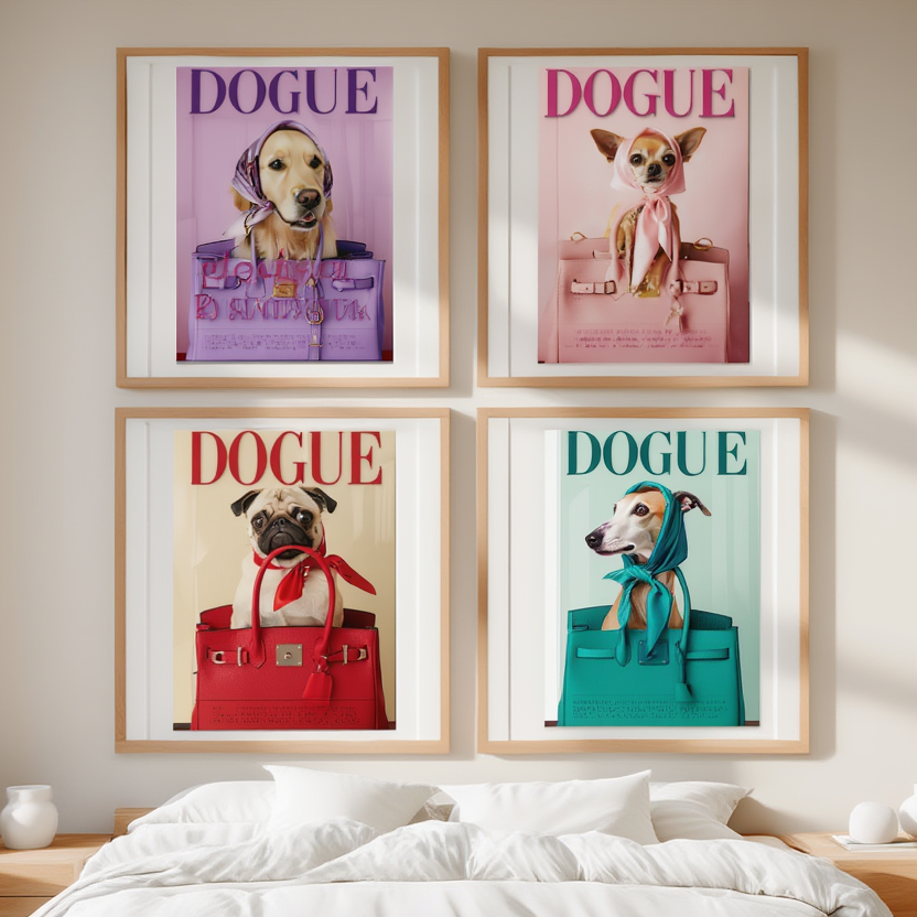 Set of 4 DOGUE Wall Art Prints | Handbags Collection | Fashion Dog Posters | Minimalist Pet Decor