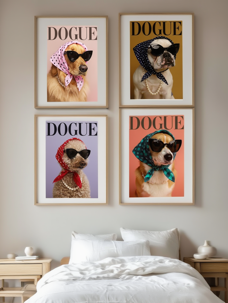 Set of 4 DOGUE Wall Art Prints | Sunglasses Collection | Fashion Dog Posters | Minimalist Pet Decor