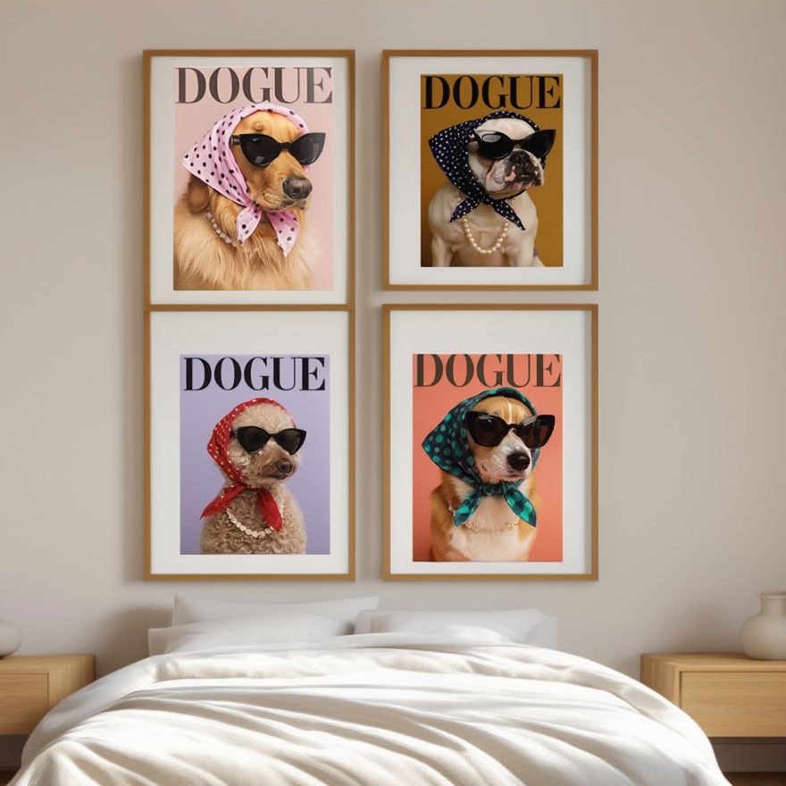 Set of 4 DOGUE Wall Art Prints | Sunglasses Collection | Fashion Dog Posters | Minimalist Pet Decor