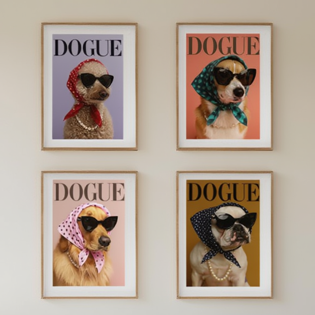 Set of 4 DOGUE Wall Art Prints | Sunglasses Collection | Fashion Dog Posters | Minimalist Pet Decor