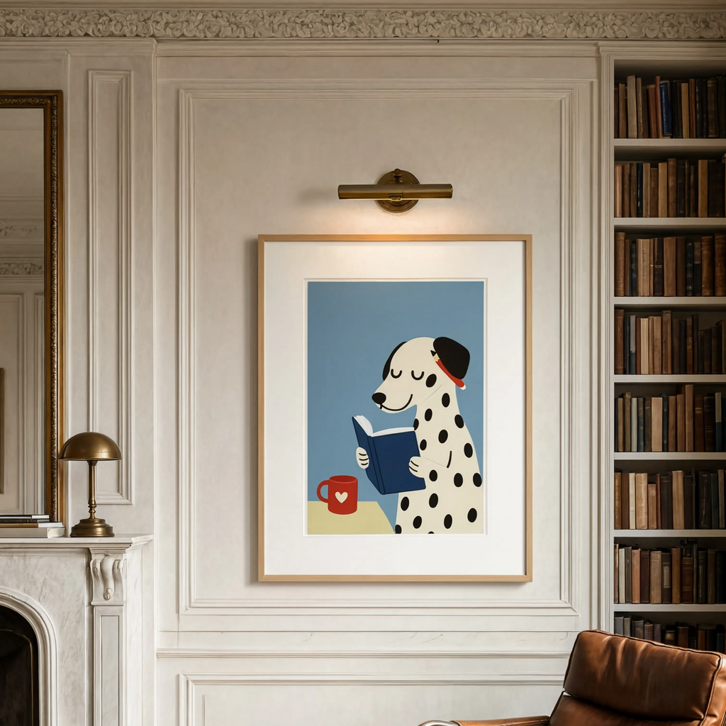 Minimalist Dalmatian Reading | Whimsical Dog Wall Art