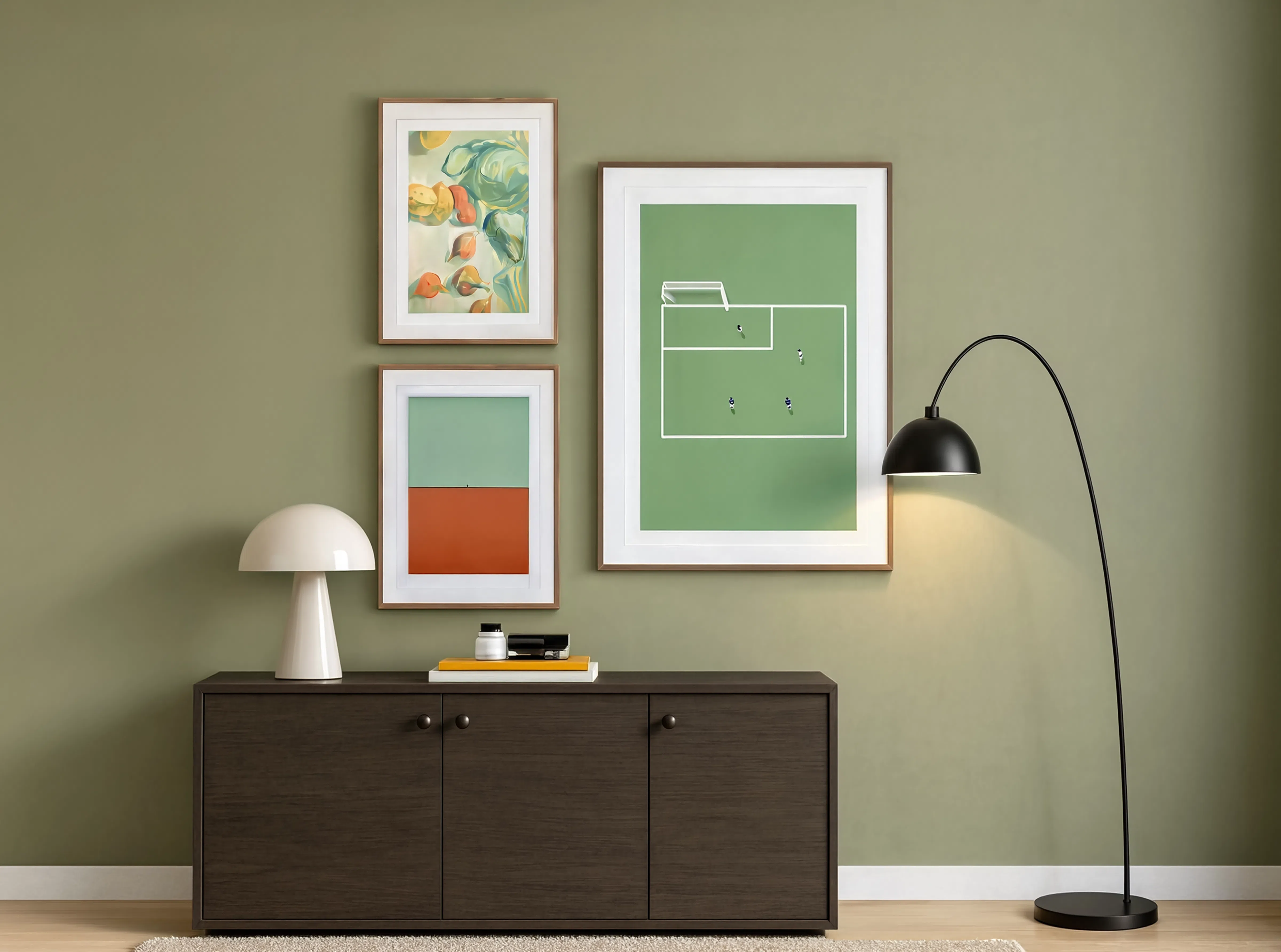 Set of 3 Still Life Illustration, Football Match & Red and Green Squares – Contemporary Minimalist Wall Art Prints