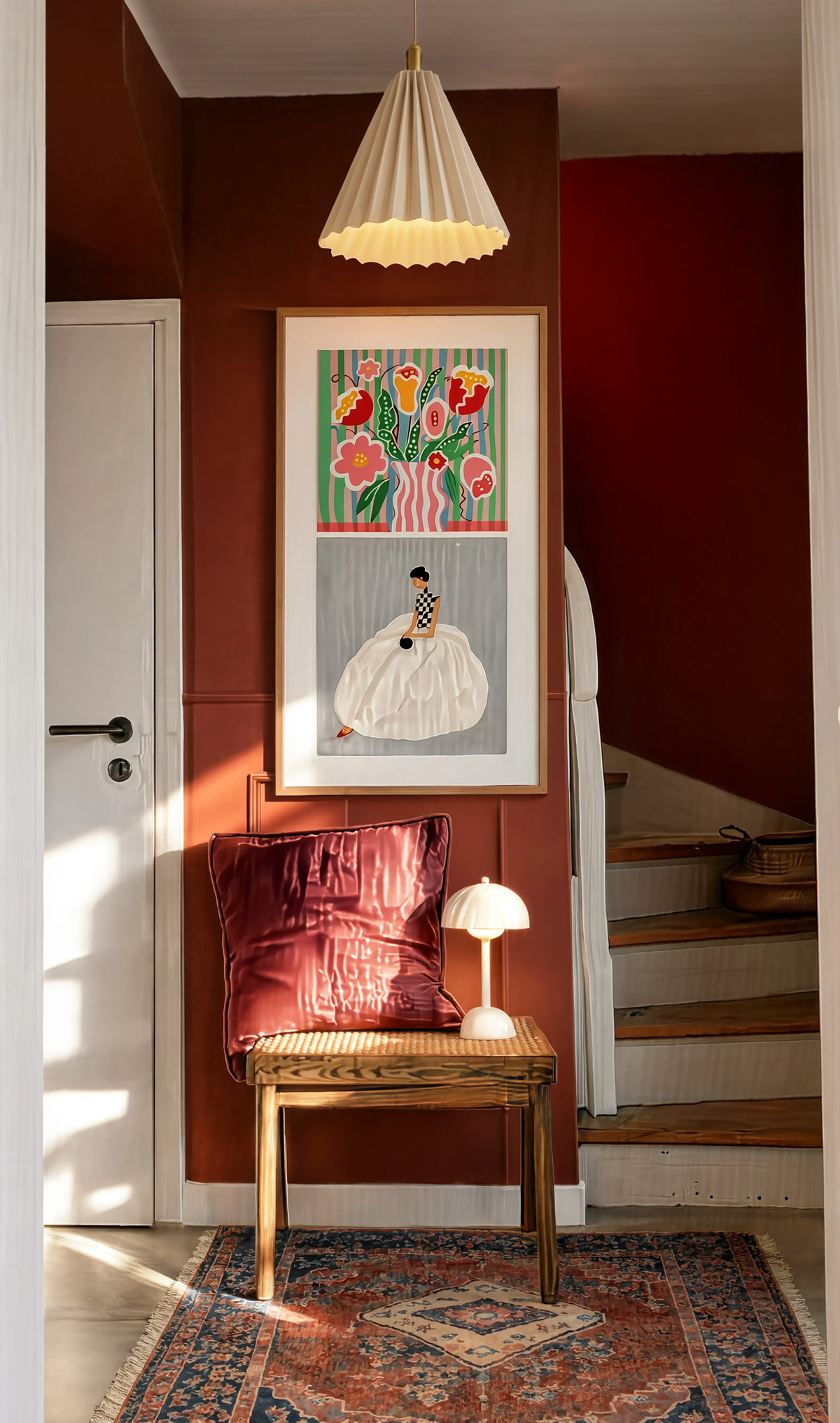 Set of 2 Seated Figure in Cream & Pink Folk Floral Variation I | Contemporary Figurative & Botanical Wall Art Prints