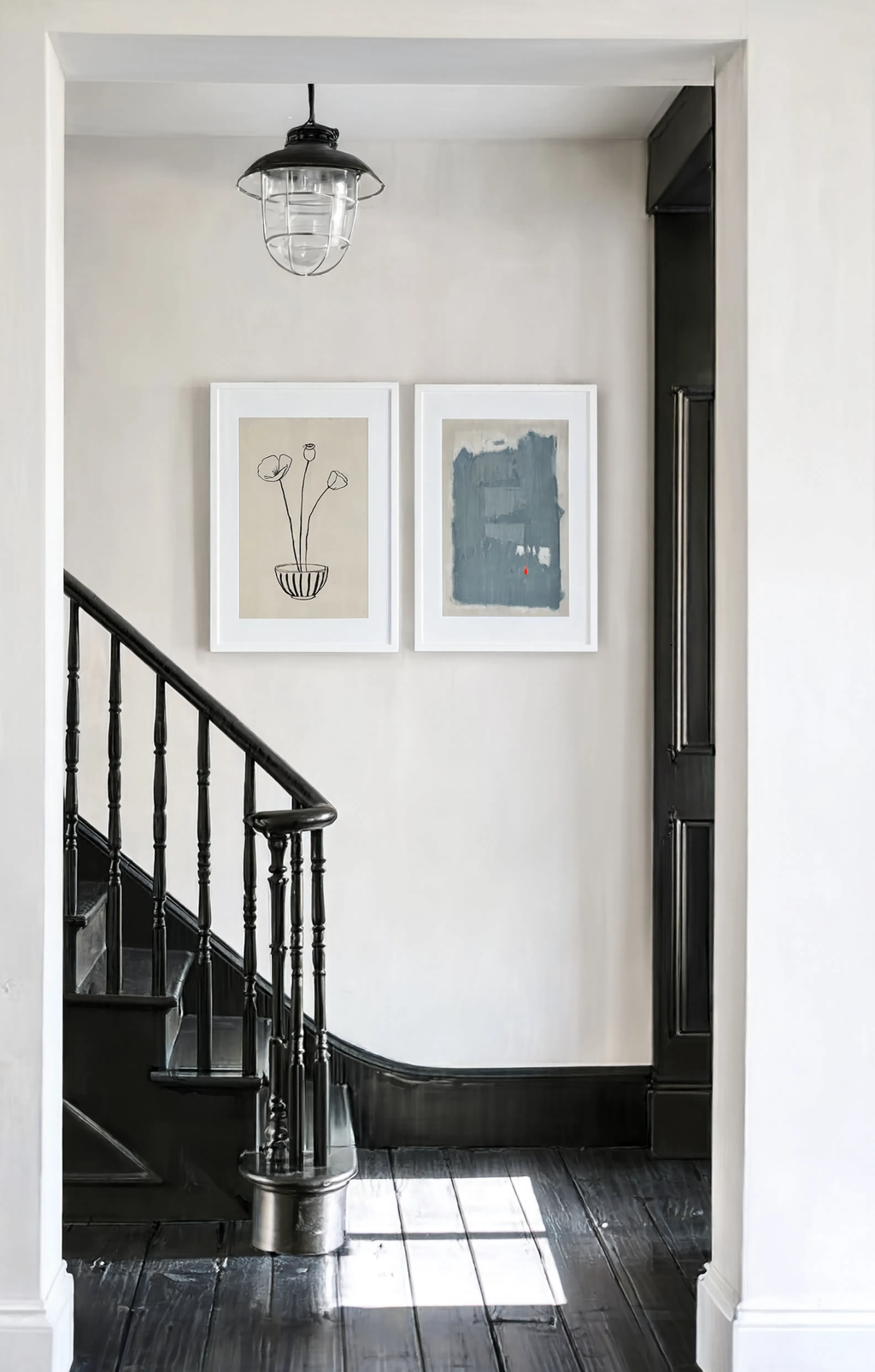 Set of 2 Navy Abstract I + Monochrome Poppies in Striped Bowl | Scandinavian & Botanical Wall Art Prints