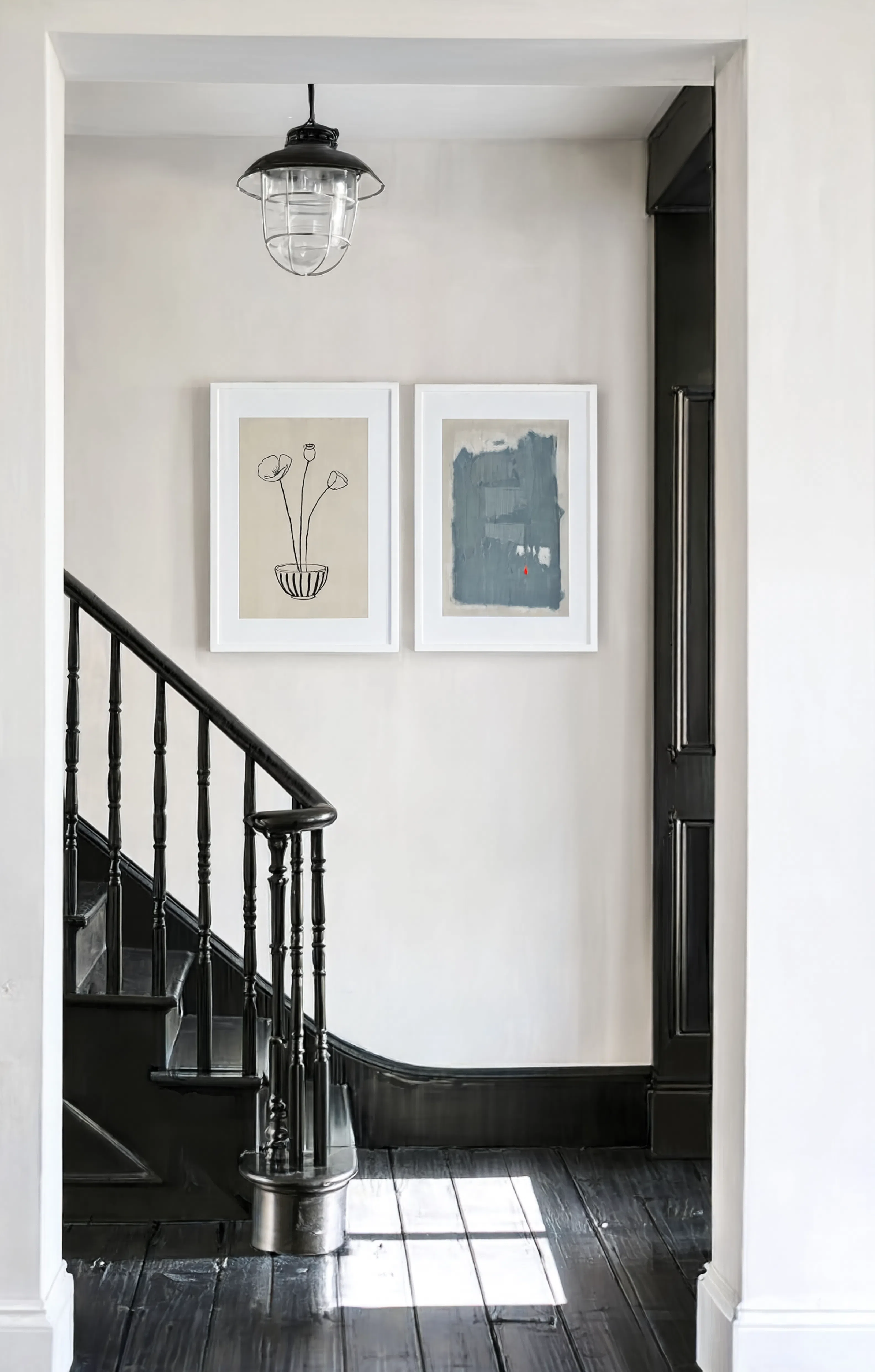 Set of 2 Navy Abstract I + Monochrome Poppies in Striped Bowl | Scandinavian & Botanical Wall Art Prints