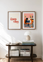 Set of 2 Good Vibes + Cats Reading Together | Whimsical & Minimalist Wall Art Prints