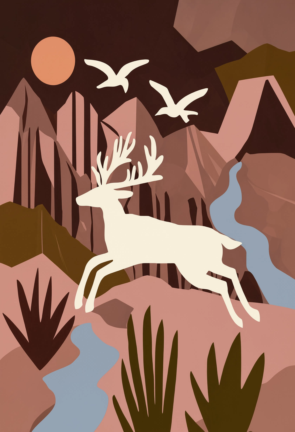 Set of 2 Deer Illustration & Hot Pink Swirl | Woodland Animal & Vibrant Abstract Wall Art Prints