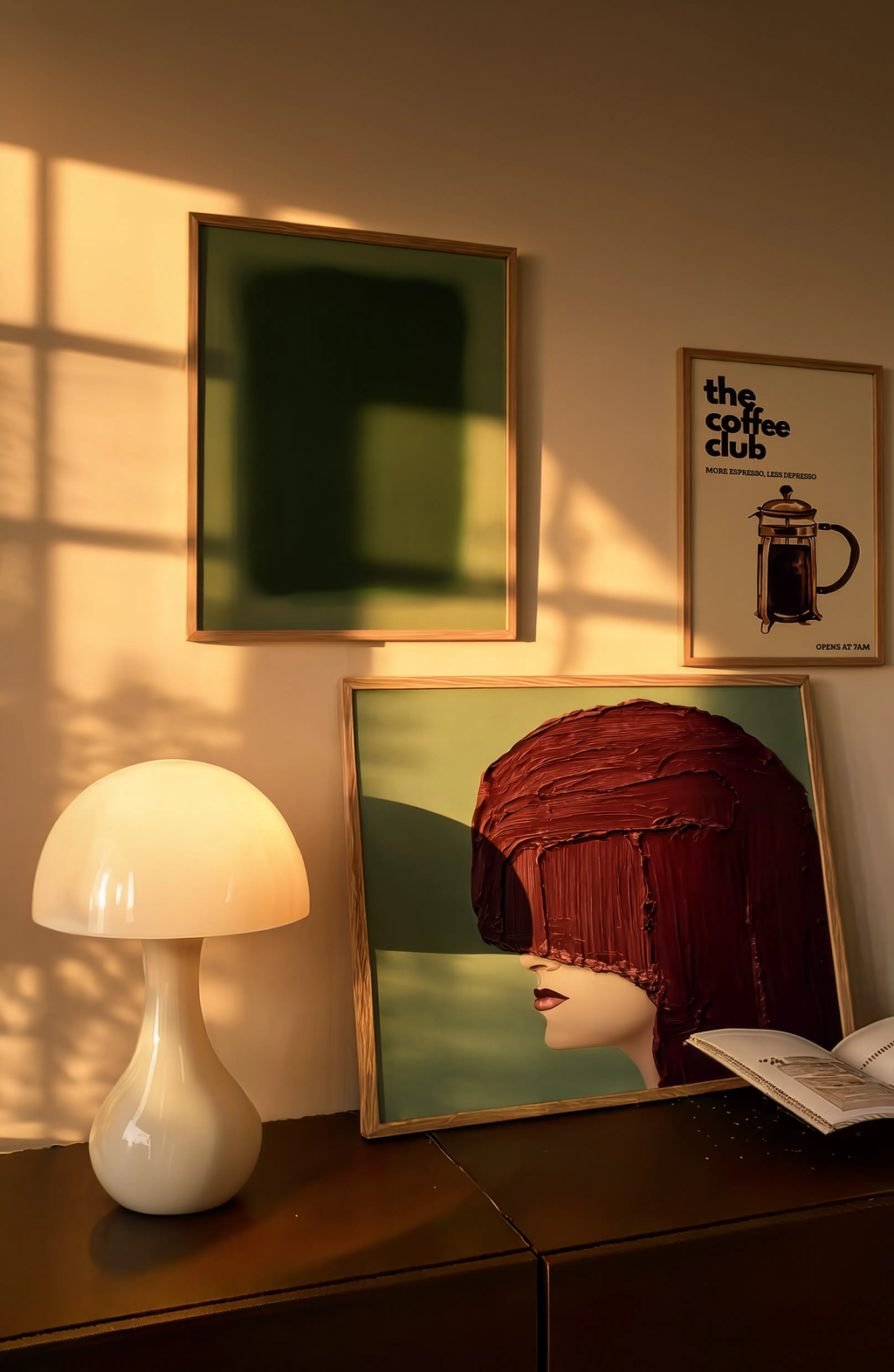 Set of 3 Contemporary Wall Art Prints – Woman with Bob, Green Chromatic Whirl & Coffee Club Gallery Set