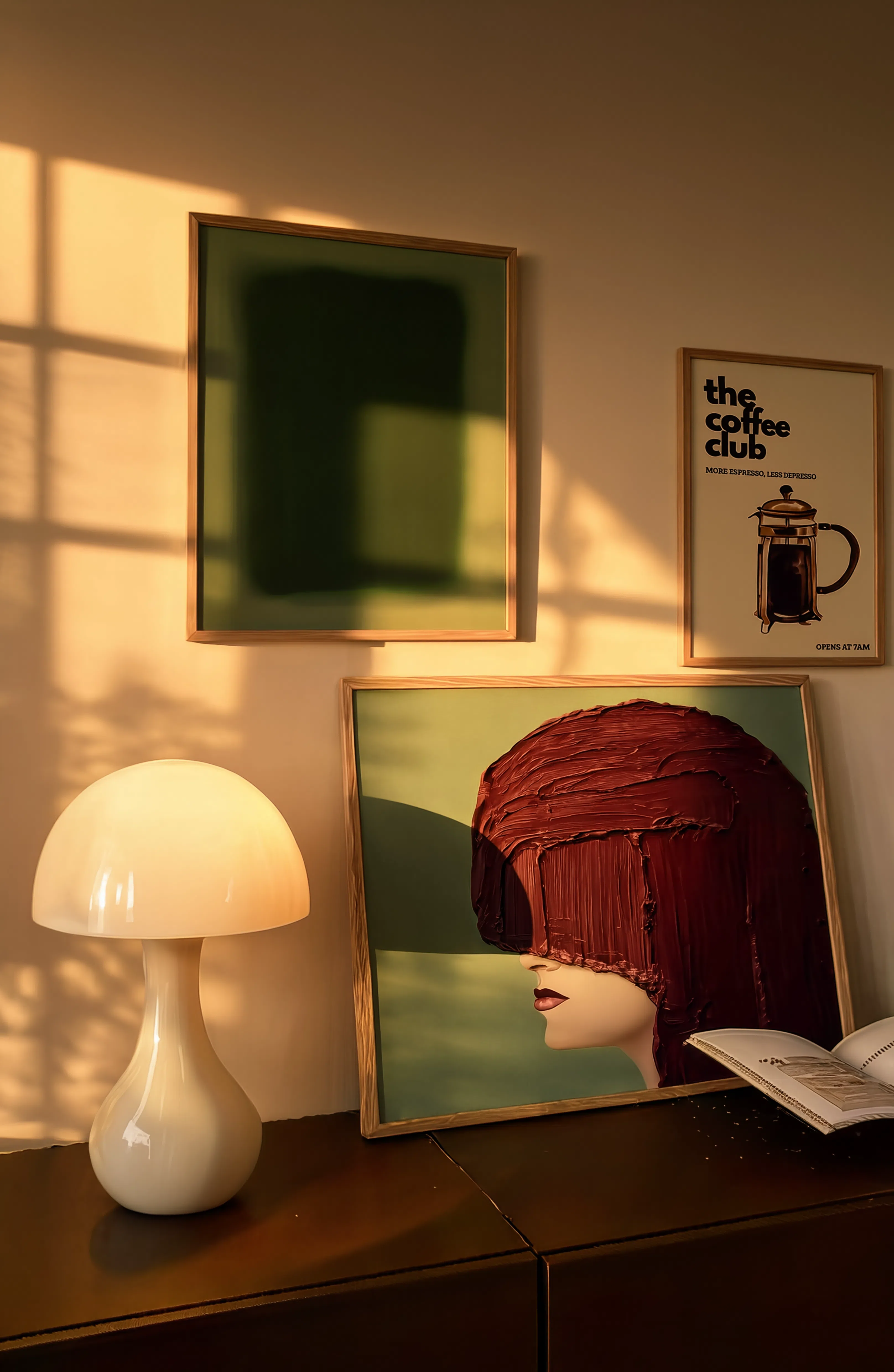 Set of 3 Contemporary Wall Art Prints – Woman with Bob, Green Chromatic Whirl & Coffee Club Gallery Set
