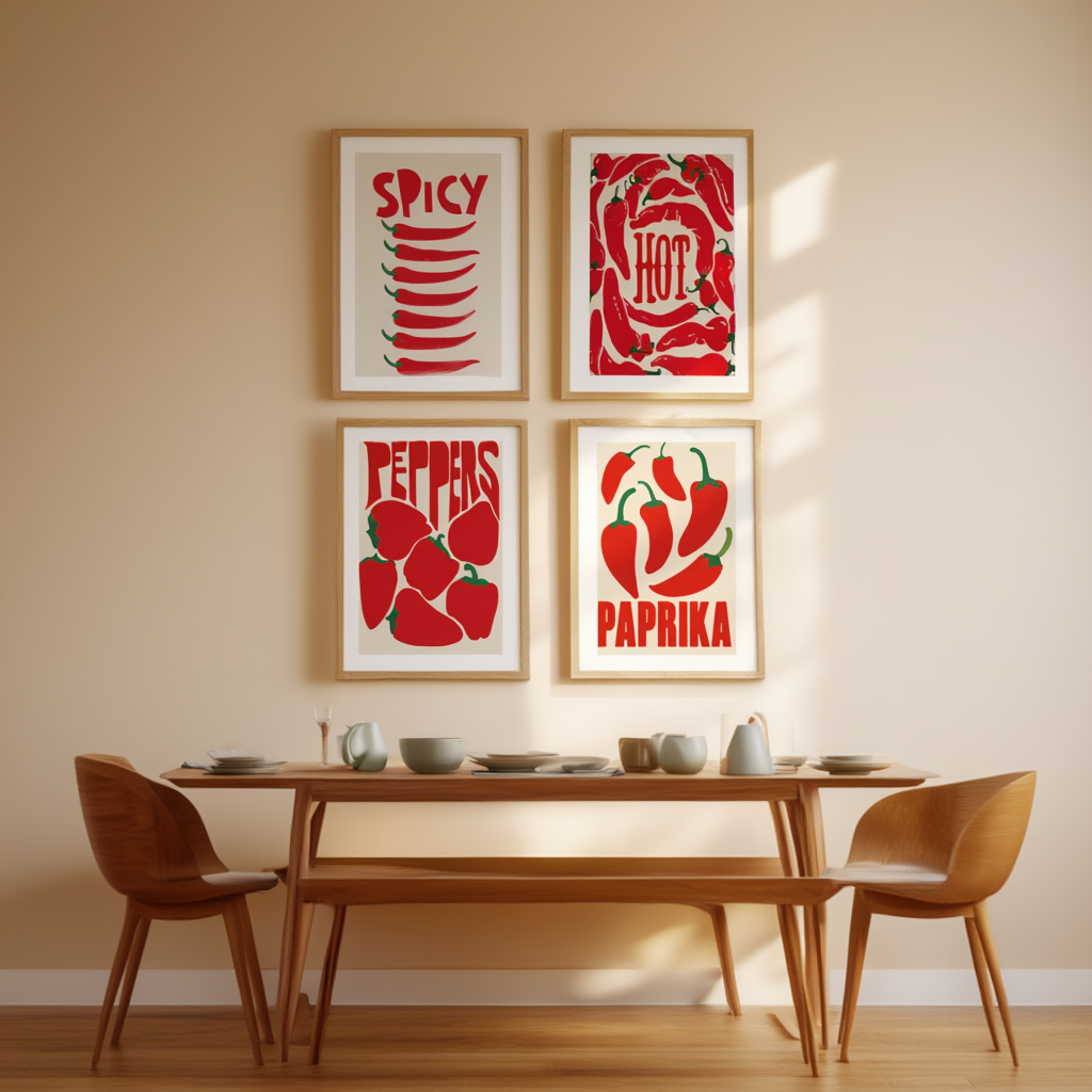 Set of 4 Paprika Spicy Hot Pepper Prints – Vibrant Culinary Wall Art - Hakyarts