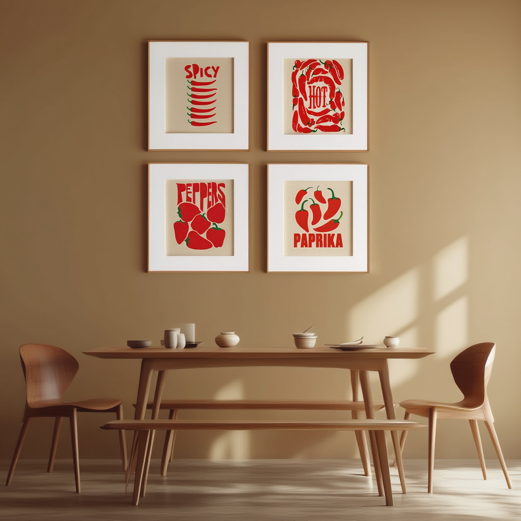 Set of 4 Paprika Spicy Hot Pepper Prints – Vibrant Culinary Wall Art - Hakyarts