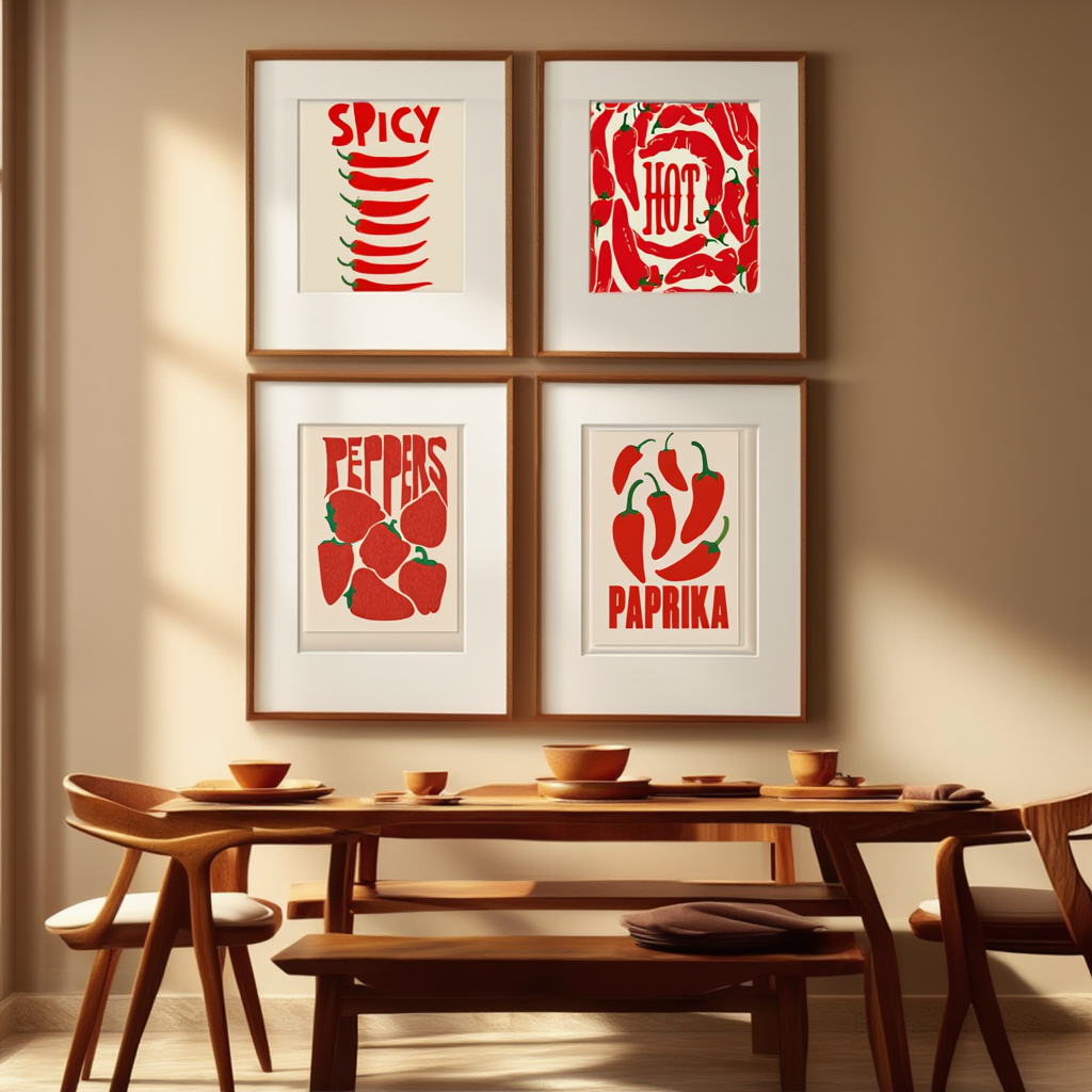 Set of 4 Paprika Spicy Hot Pepper Prints – Vibrant Culinary Wall Art - Hakyarts
