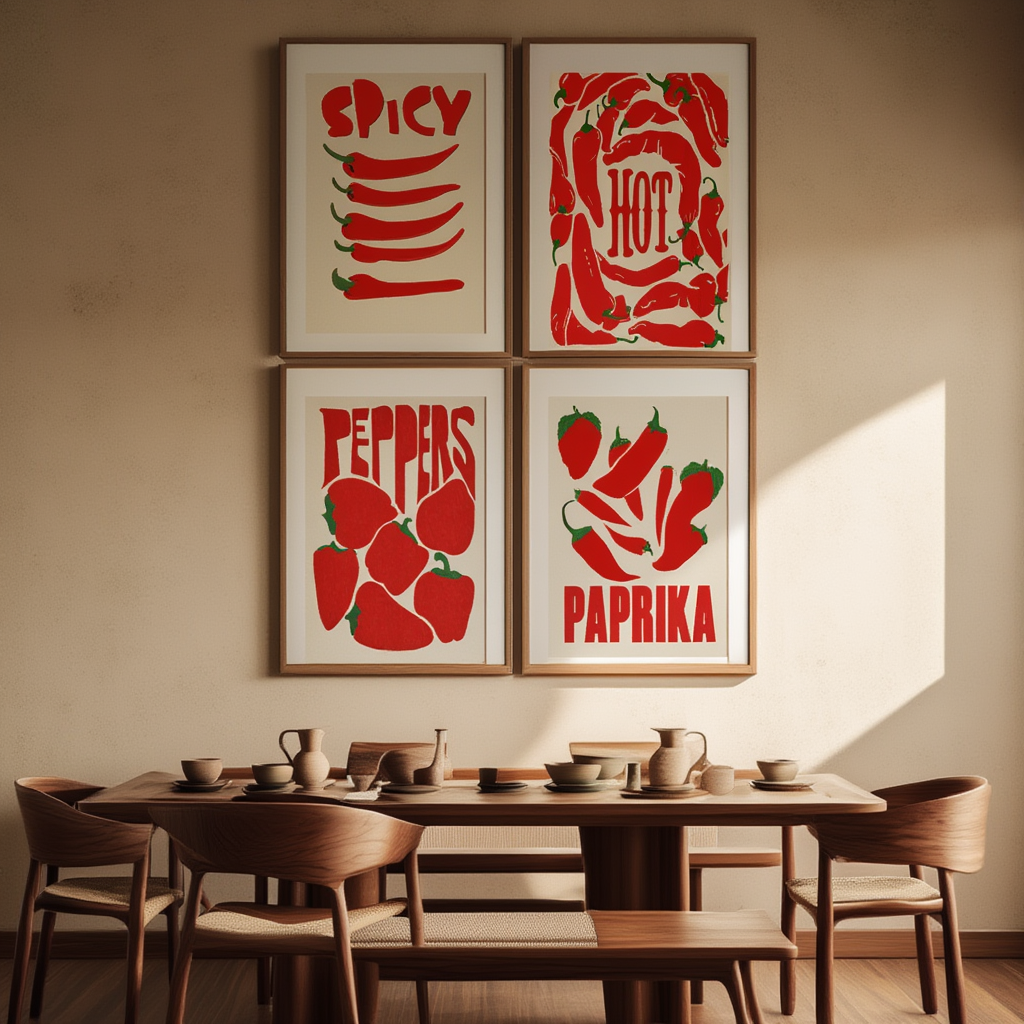 Set of 4 Paprika Spicy Hot Pepper Prints – Vibrant Culinary Wall Art - Hakyarts