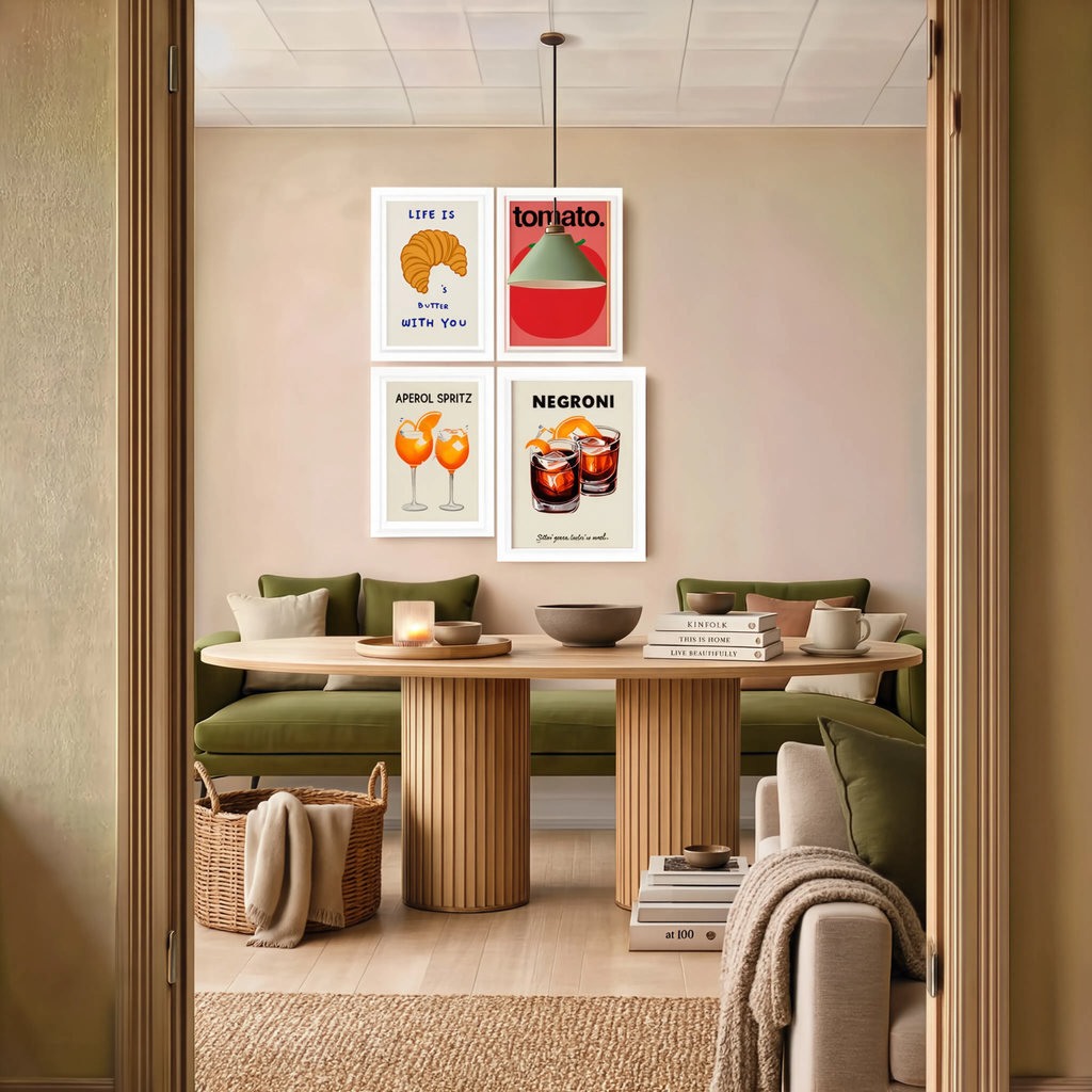 Set of 4 Wall Art Prints – Golden Morning Croissant, Tomato Maximalist, Negroni Cocktail & Red Lobster Collection