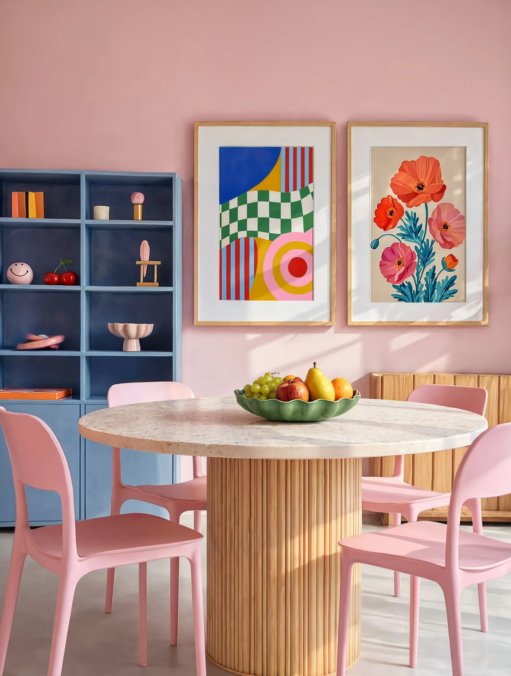 Set of 2 Geometric Pop II & Poppy Variation – Warm Hues | Contemporary Geometric & Floral Wall Art Prints