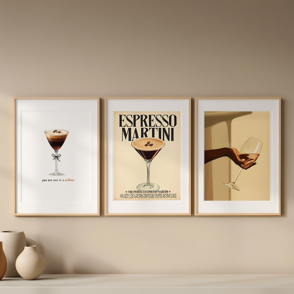 Set of 3 Espresso Martini Cocktail-Inspired Prints – Minimalist Bar Wall Art - Hakyarts