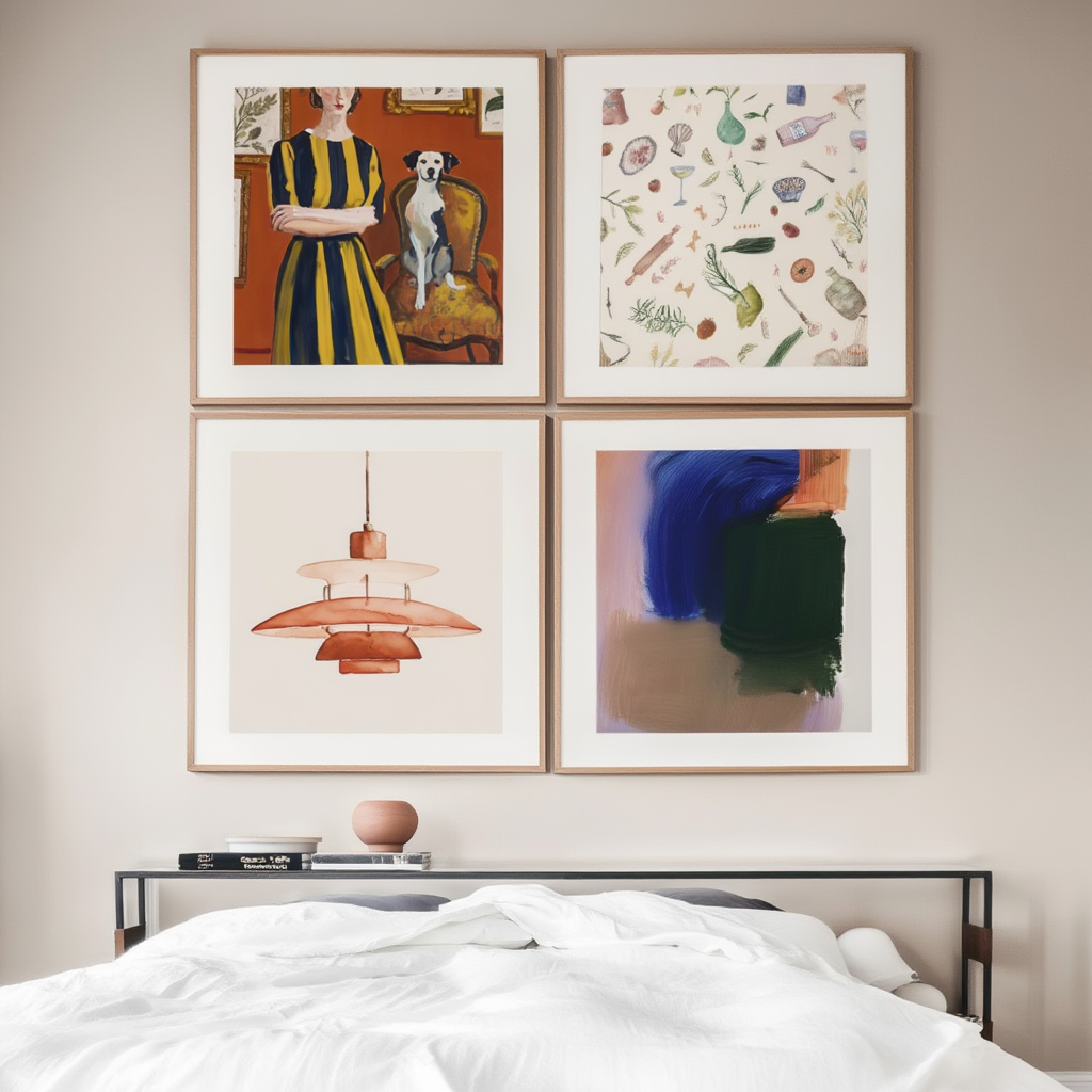 Set of 4 Sunburst Serenade, Glow & Whimsy, Companions at Home Art Prints – Contemporary Abstract & Whimsical Wall Art - Hakyarts