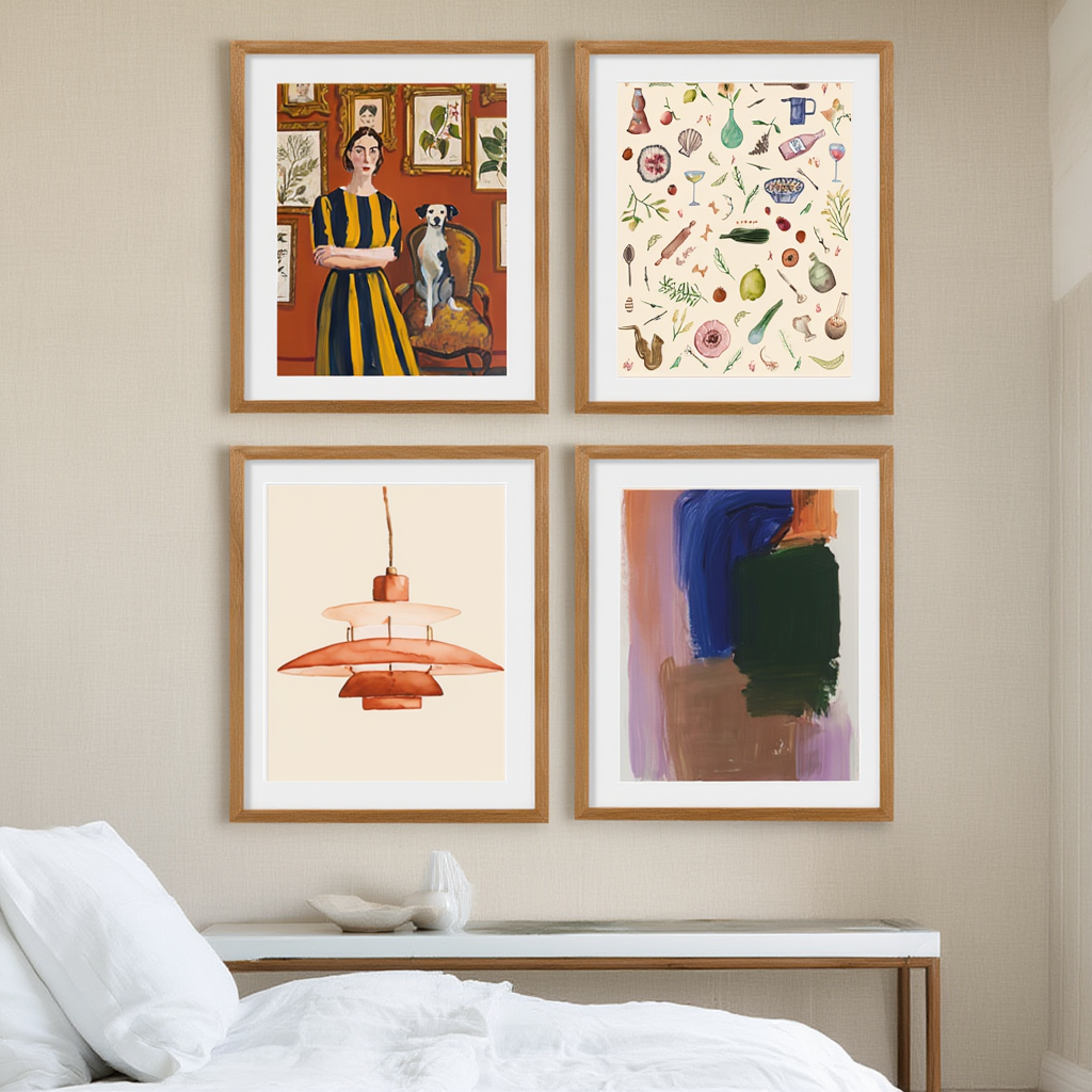 Set of 4 Sunburst Serenade, Glow & Whimsy, Companions at Home Art Prints – Contemporary Abstract & Whimsical Wall Art - Hakyarts