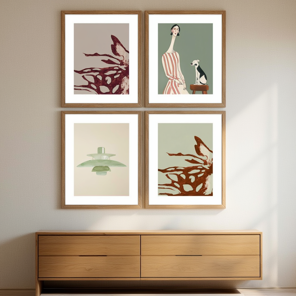 Set of 4 Chromatic Whirl, Domestic Harmony & Luminous Dreams Art Prints – Contemporary Abstract Wall Art - Hakyarts