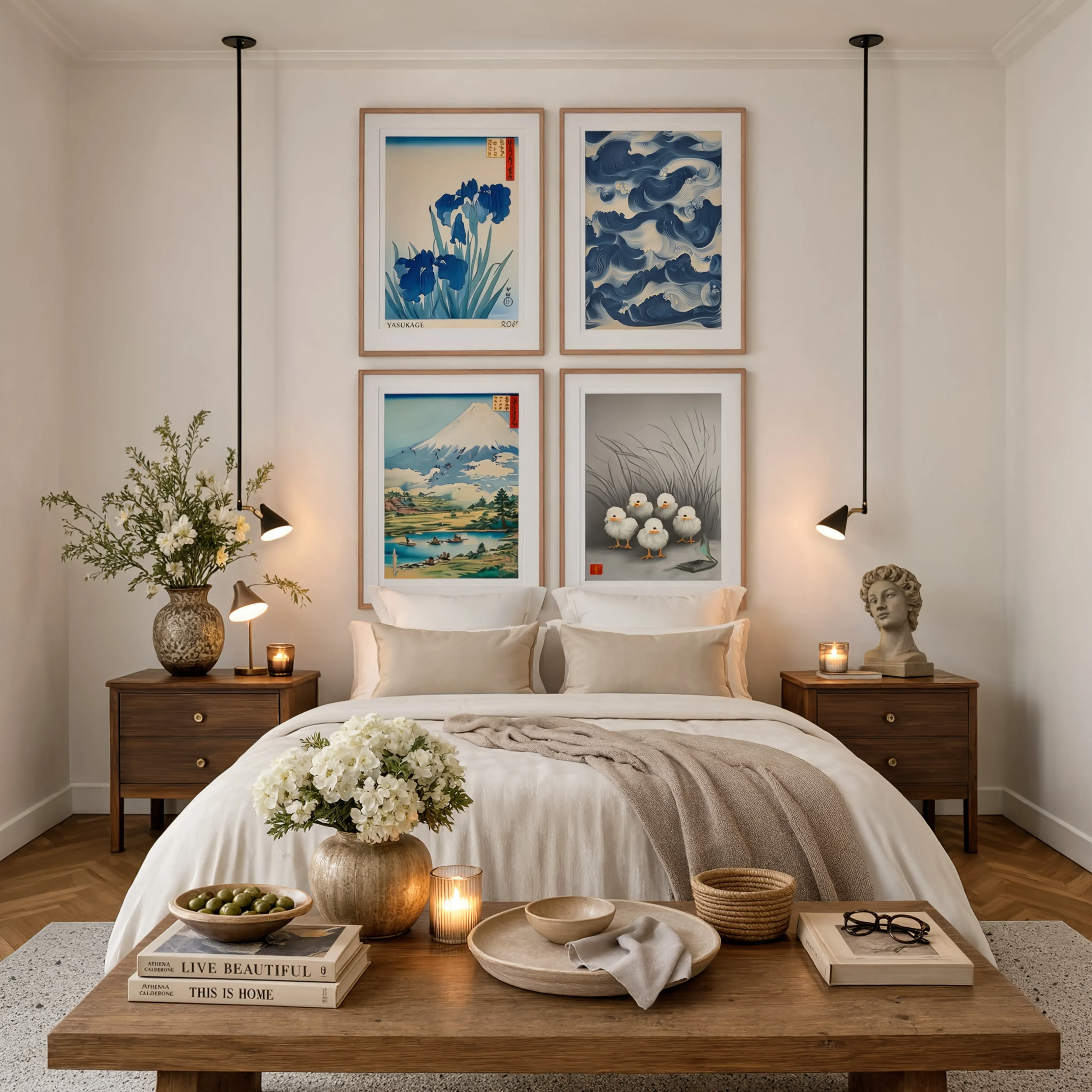 Set of 4 Wall Art Prints – Yasuragi Ocean Waves, Blue Irises & Japanese Ukiyo-e Collection