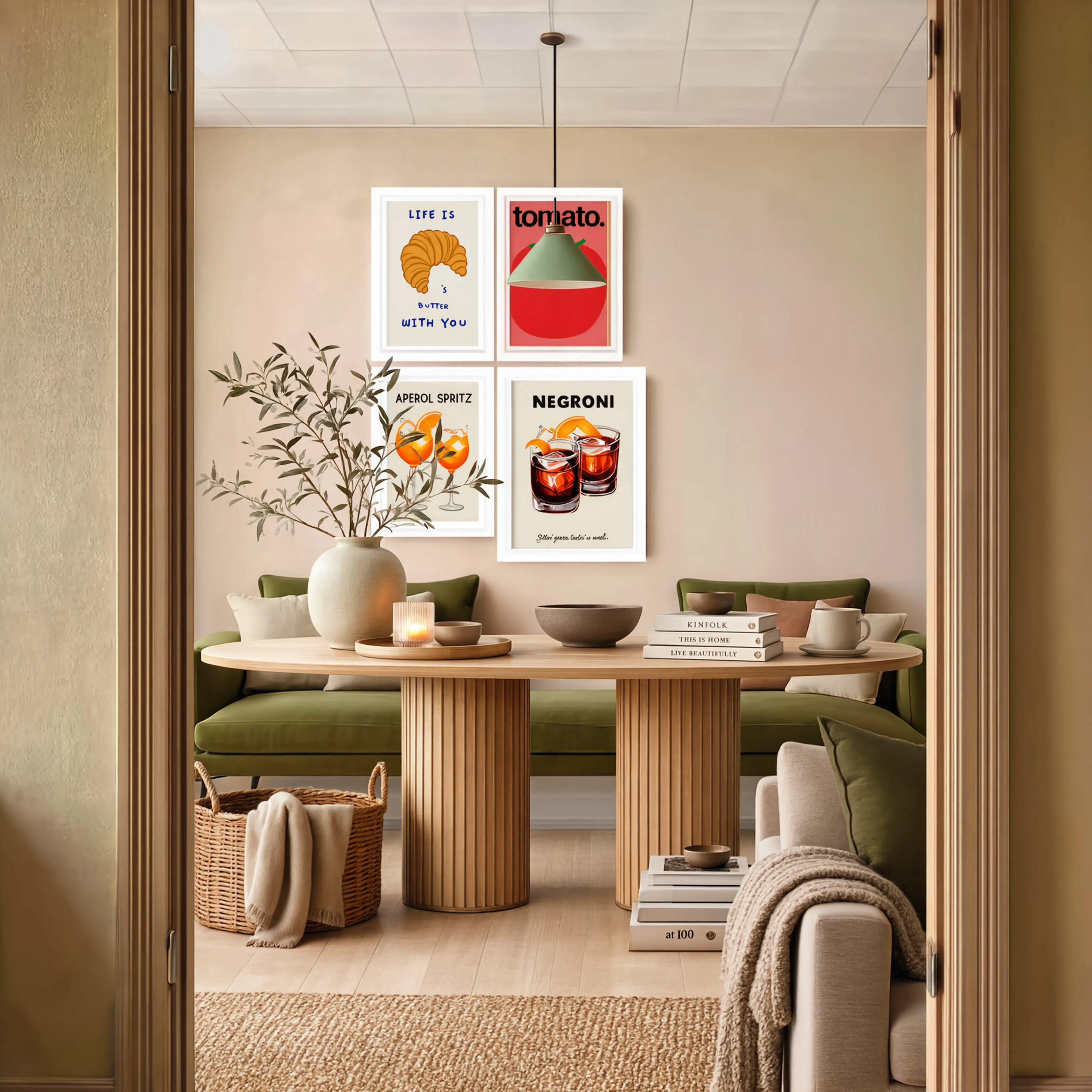 Set of 4 Wall Art Prints – Golden Morning Croissant, Tomato Maximalist, Negroni Cocktail & Red Lobster Collection