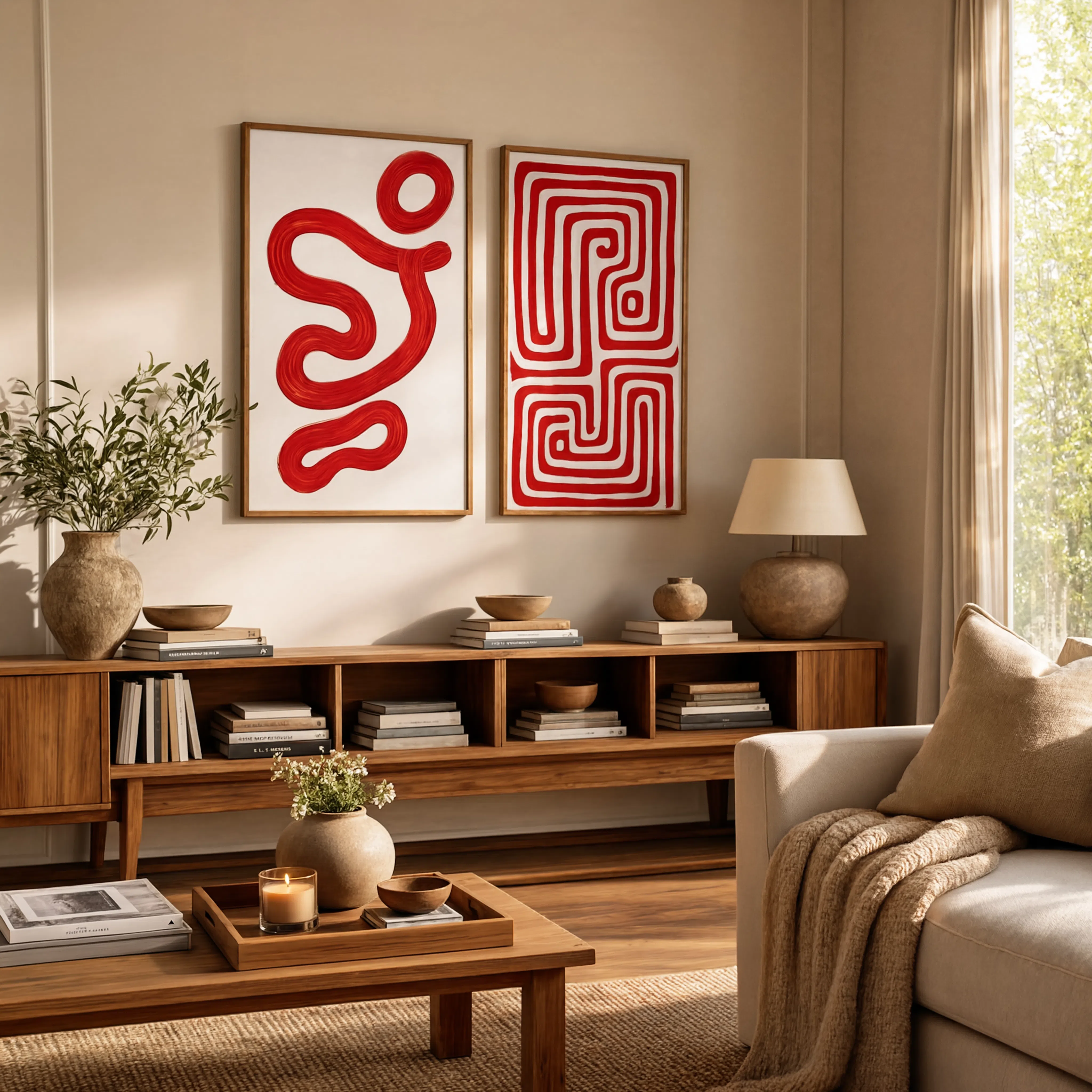 Red Abstract Wall Art Set of 2 – Geometric Maze & Crimson Horizons Modern Prints