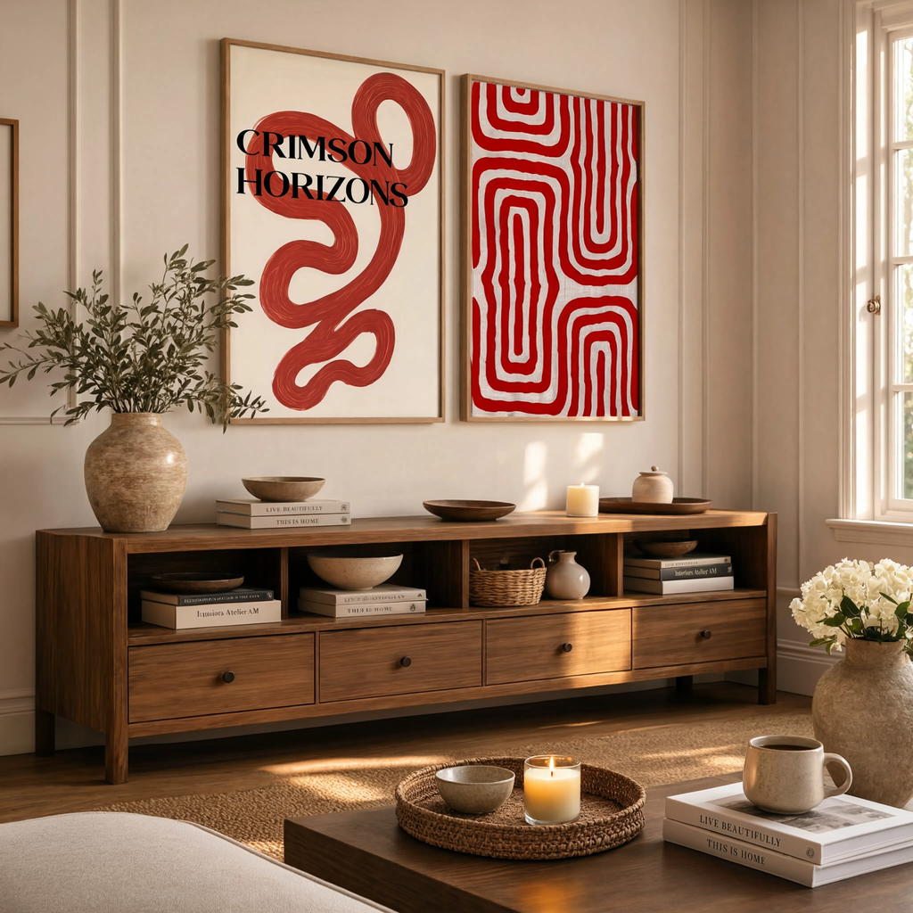 Red Abstract Wall Art Set of 2 – Geometric Maze & Crimson Horizons Modern Prints