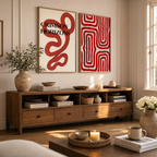 Red Abstract Wall Art Set of 2 – Geometric Maze & Crimson Horizons Modern Prints