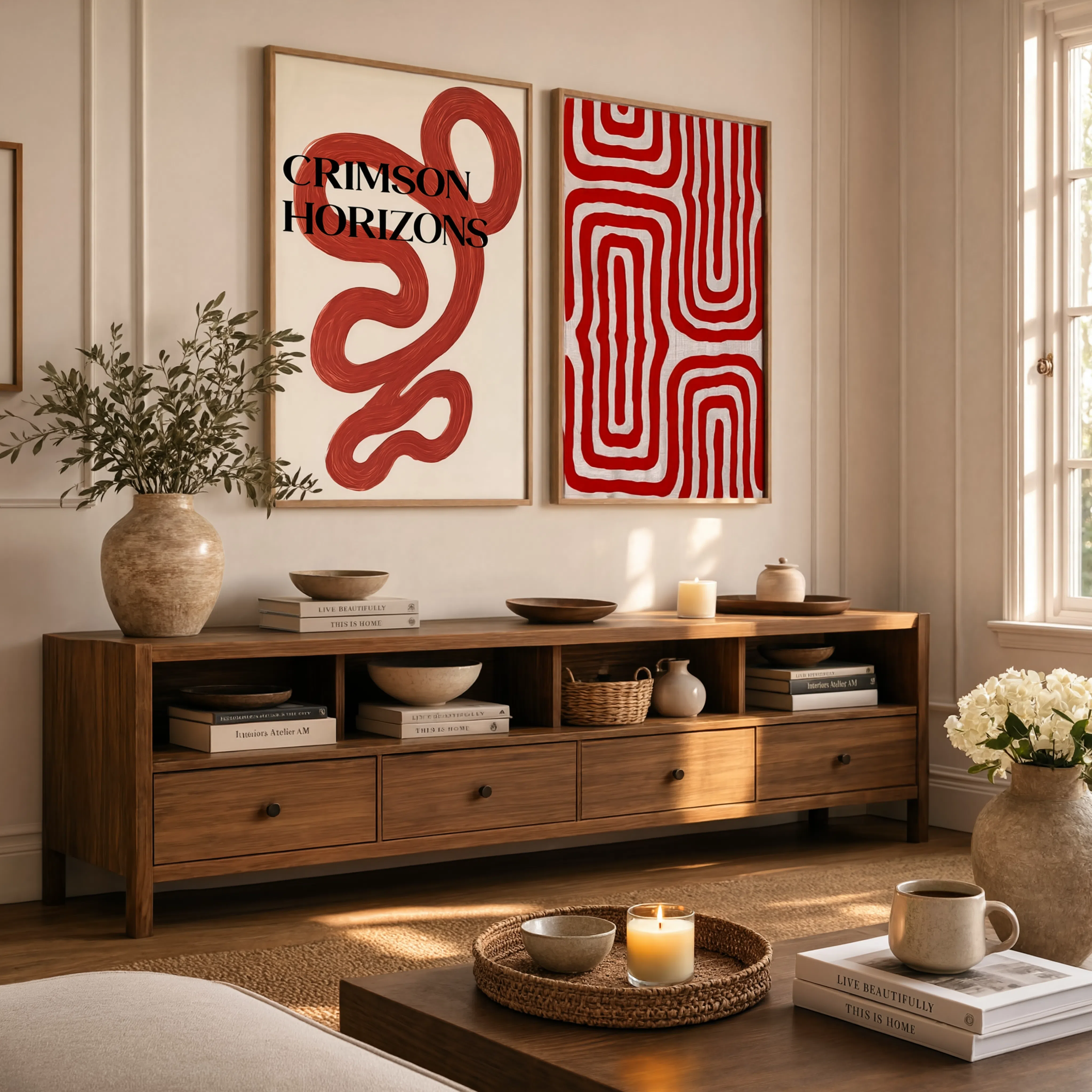 Red Abstract Wall Art Set of 2 – Geometric Maze & Crimson Horizons Modern Prints