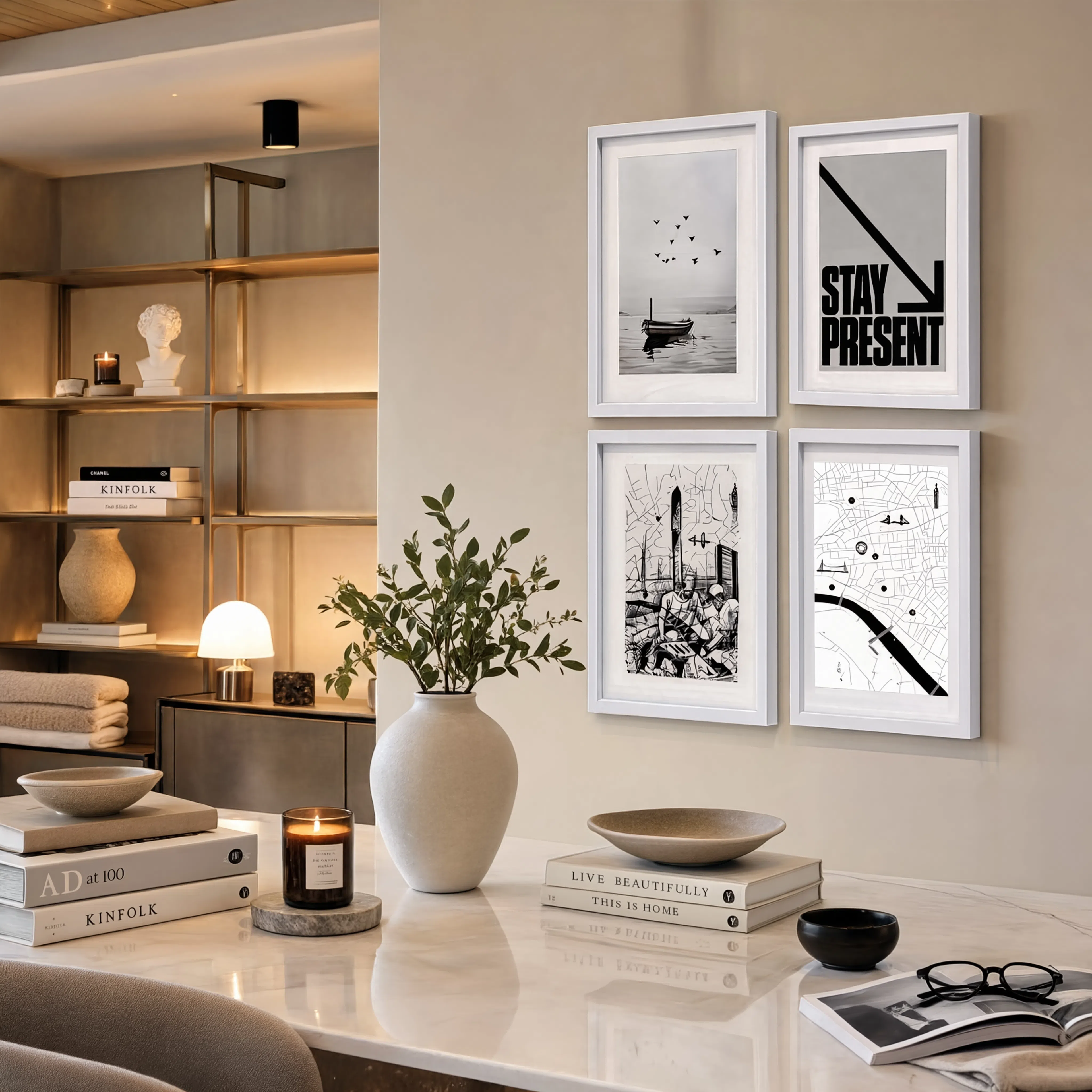 Set of 4 Wall Art Prints – Nature Birds, London Map, African Board Game & Urban Motivational Typography Collection