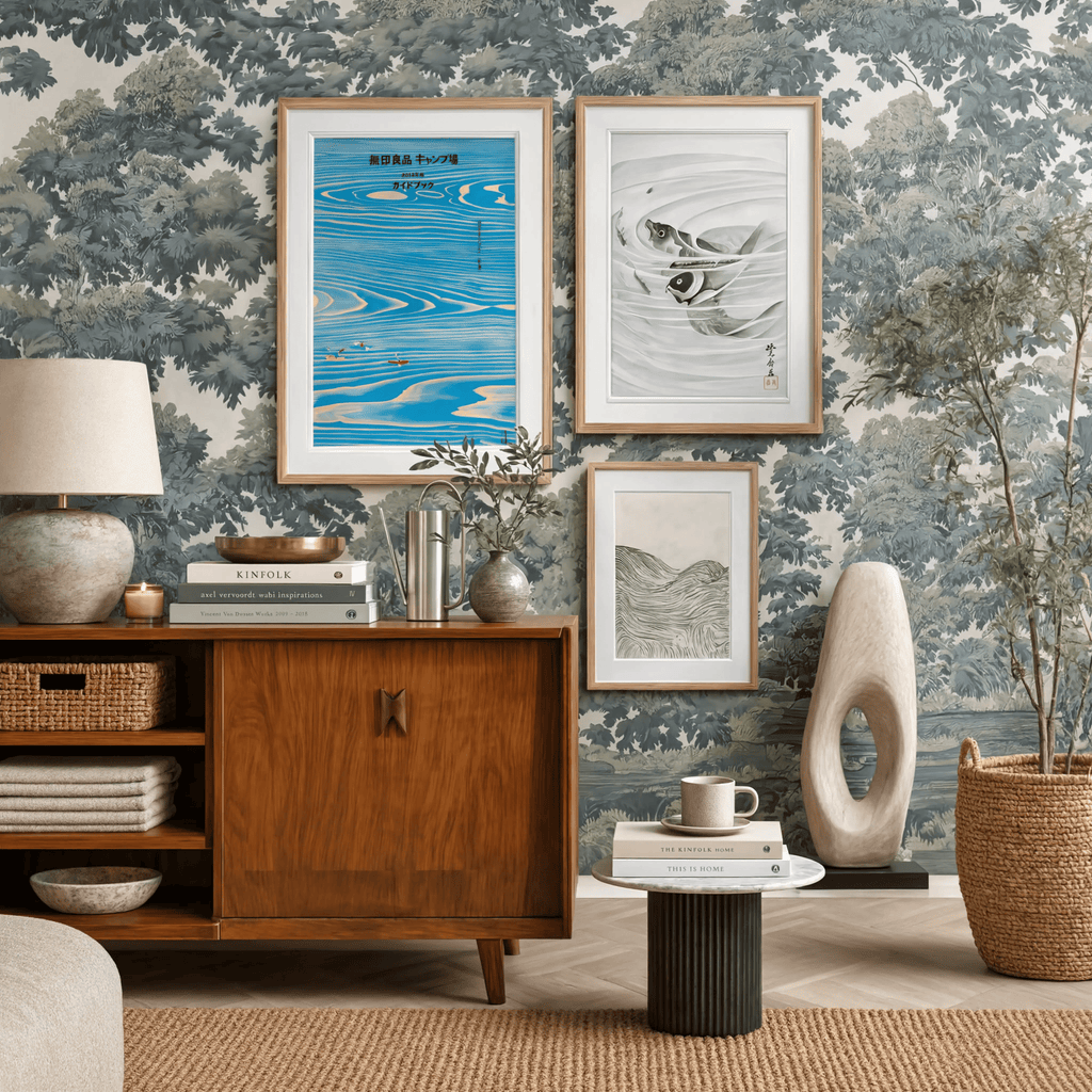 Set of 3 Wall Art Prints – Japanese Wave Art, Minimalist Travel Illustration & Ukiyo-e Fish Collection