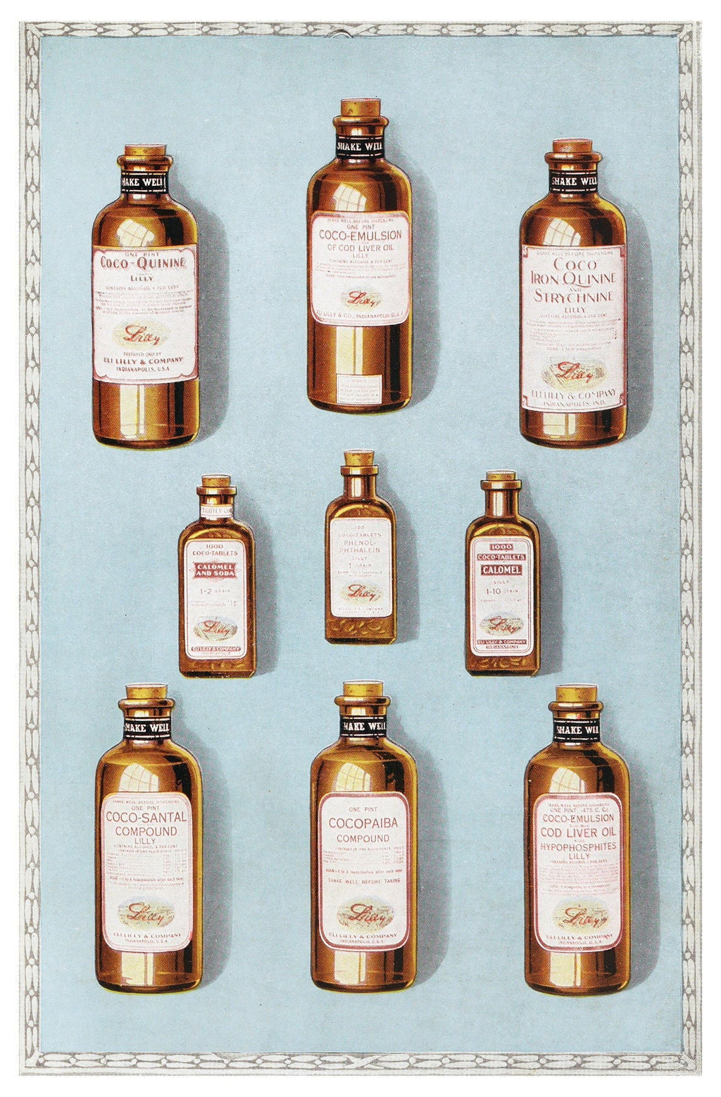 Set of 2 Vintage-Inspired Art Prints – Eli Lilly Chocolate Medicine Bottles & Ogawa Kazumasa’s Cherry Blossom Gallery Set