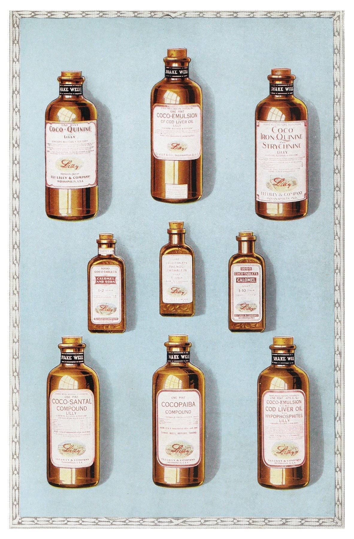 Set of 2 Vintage-Inspired Art Prints – Eli Lilly Chocolate Medicine Bottles & Ogawa Kazumasa’s Cherry Blossom Gallery Set