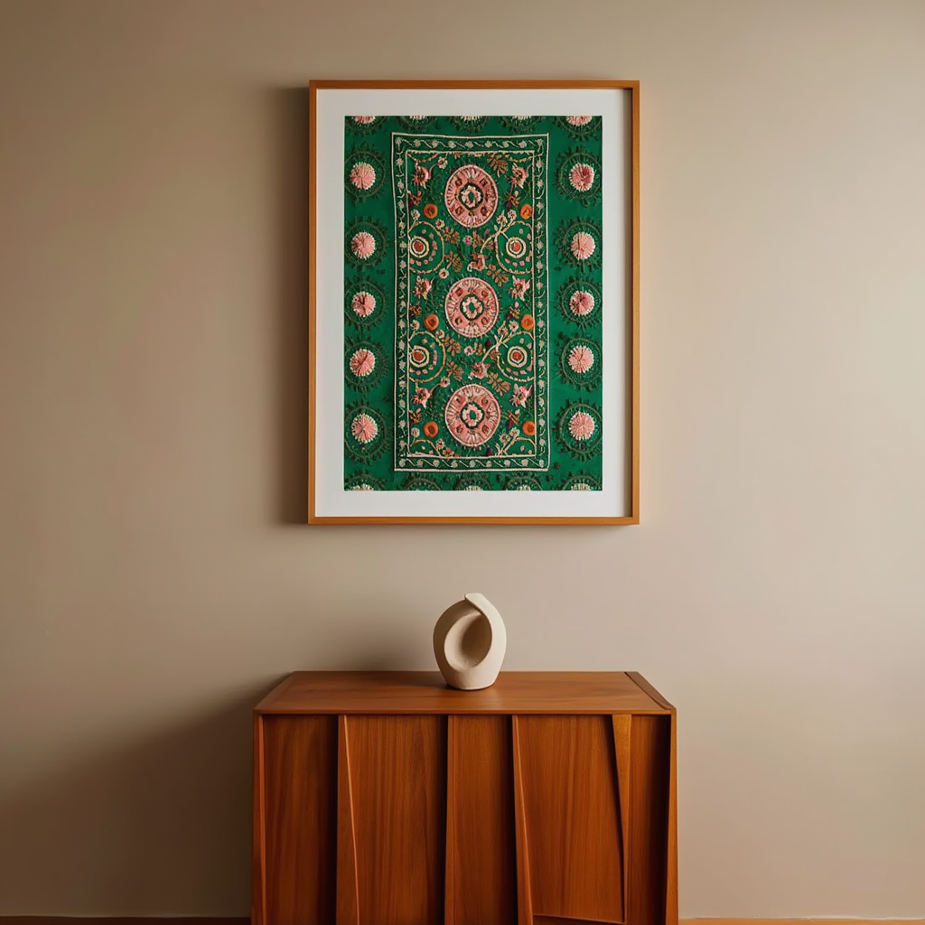 Suzani Green Floral Poster | Central Asian Textile-Inspired Art Print