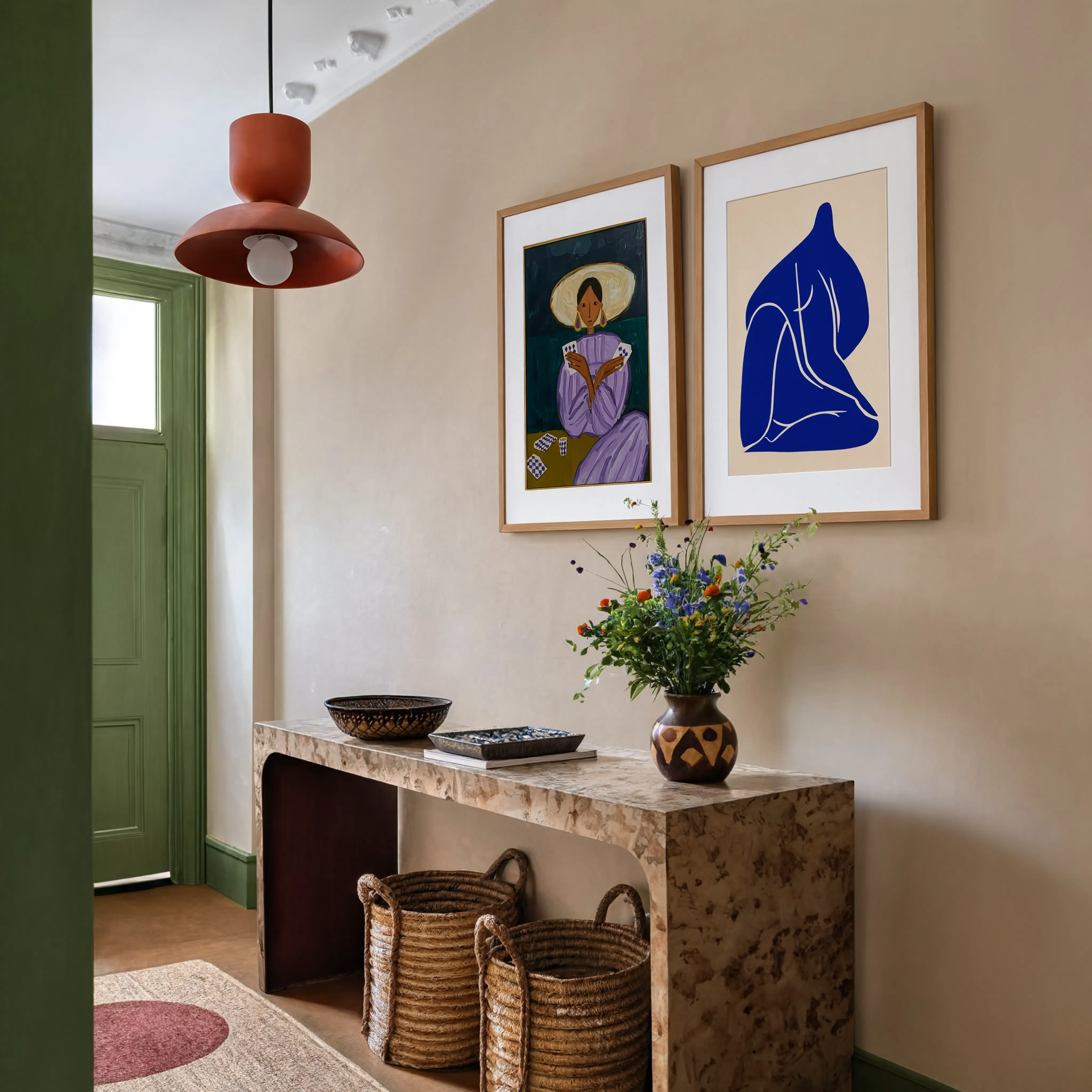 Set of 2 Wall Art Prints | Figurative Portrait with Earrings & Blue Abstract Figures II