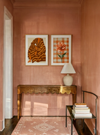 Set of 2 Autumnal Robe Figure & Coral Bloom on Gingham Linen | Contemporary Figurative & Floral Wall Art Prints