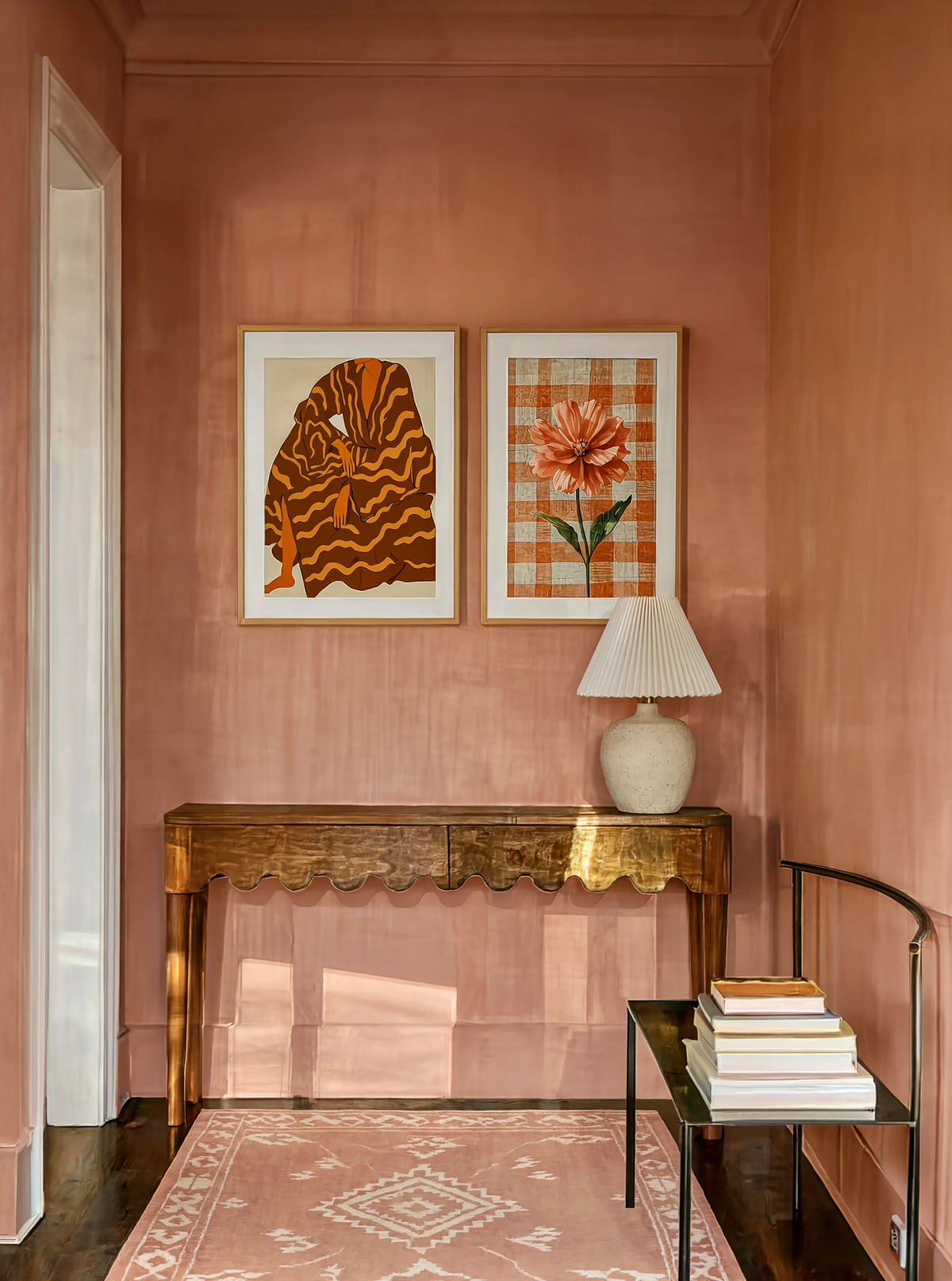 Set of 2 Autumnal Robe Figure & Coral Bloom on Gingham Linen | Contemporary Figurative & Floral Wall Art Prints