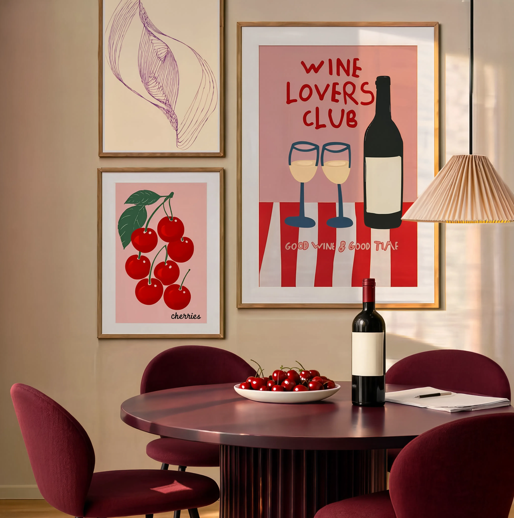 Set of 3 Wine Club & Pendulum Curve Wall Art Prints | Modern Kitchen & Dining Gallery Wall