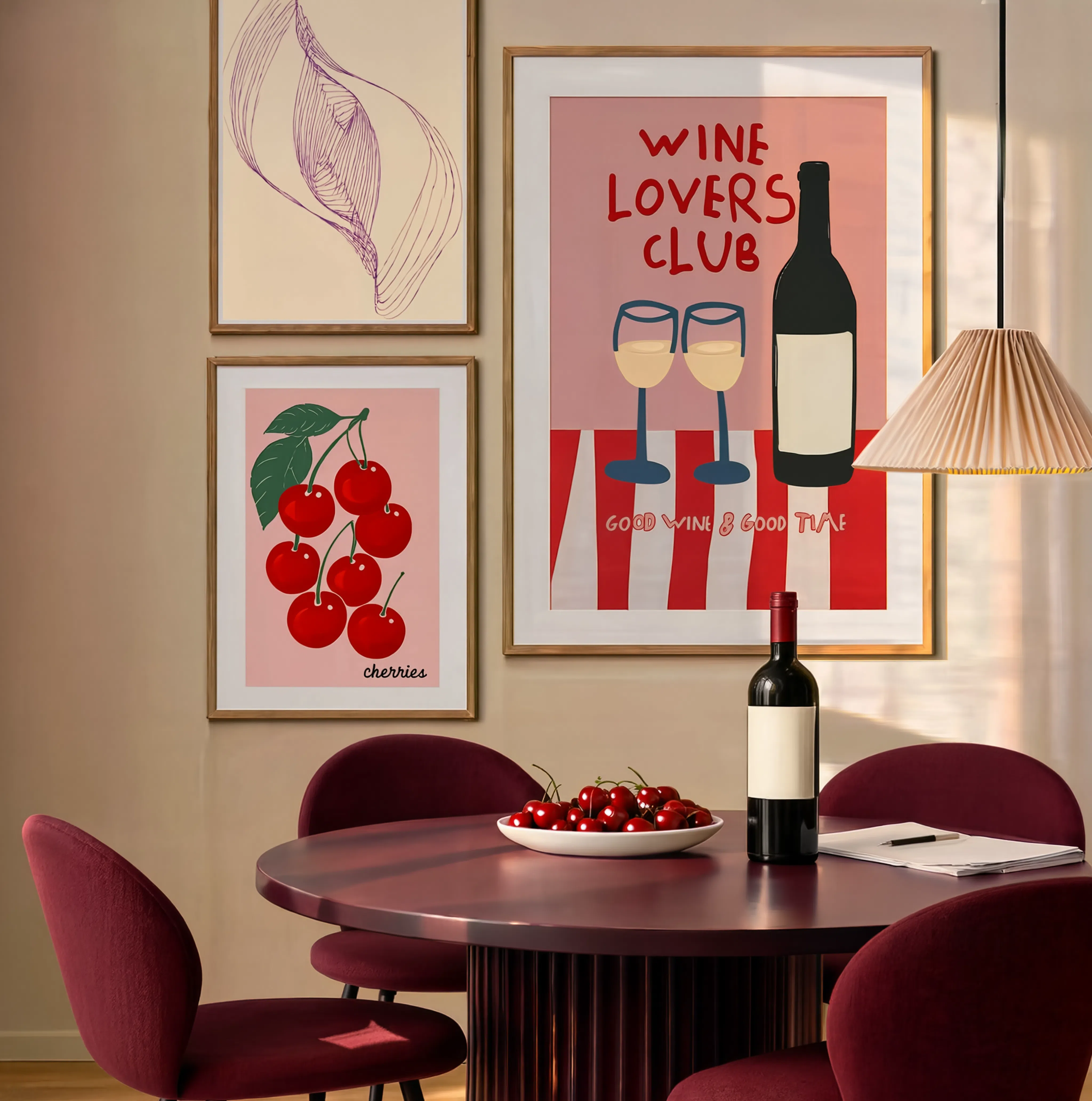 Set of 3 Wine Club & Pendulum Curve Wall Art Prints | Modern Kitchen & Dining Gallery Wall