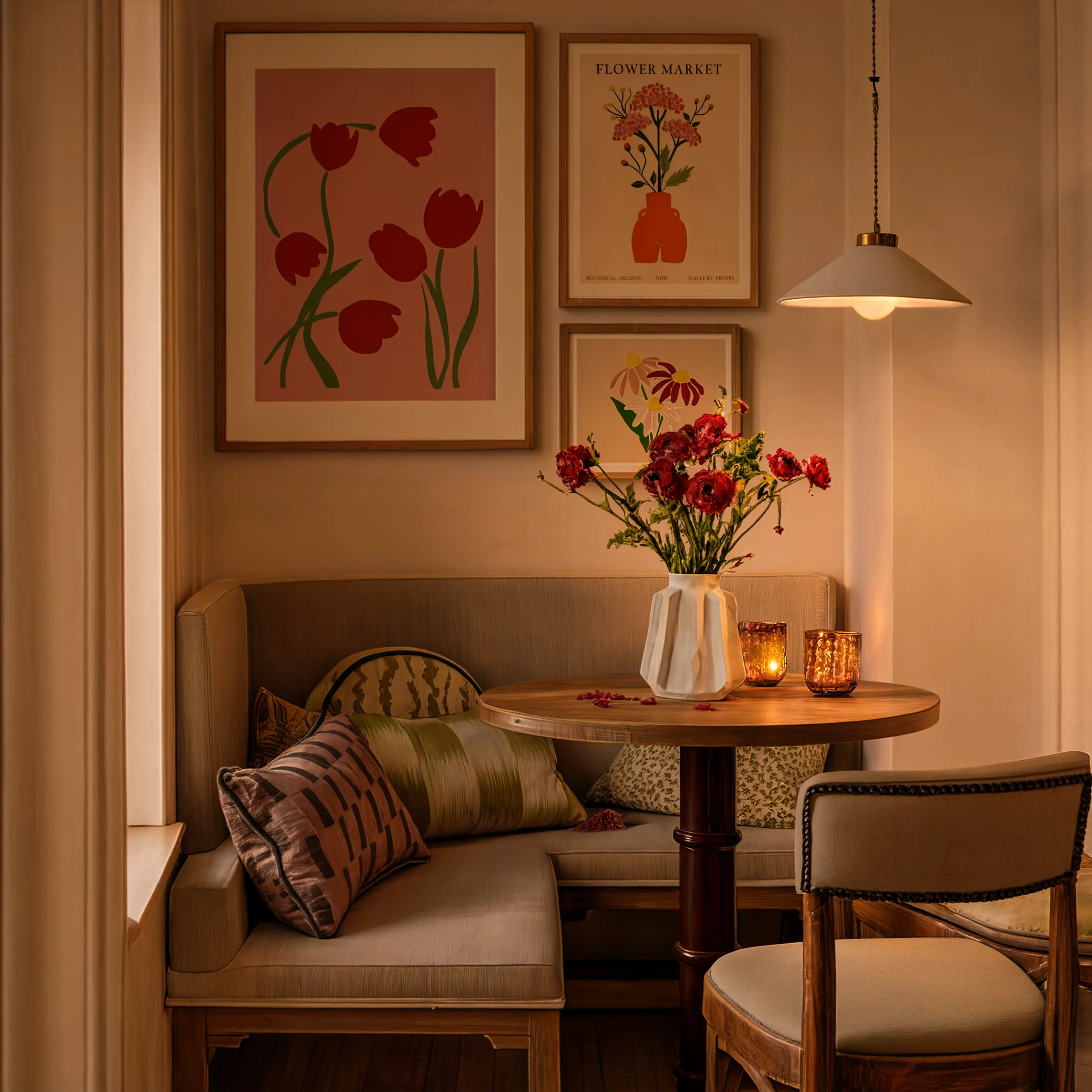 Set of 3 Wall Art Prints – Red Tulips, Flower Market & Modern Coneflower Botanical Collection