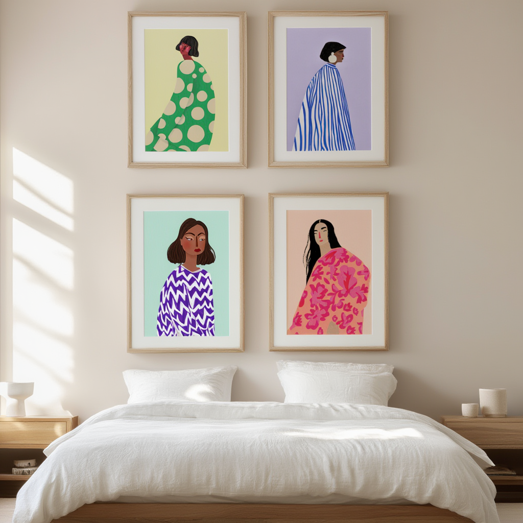 4 Geometric Retro Women Prints – Colorful Modern Wall Art - Hakyarts