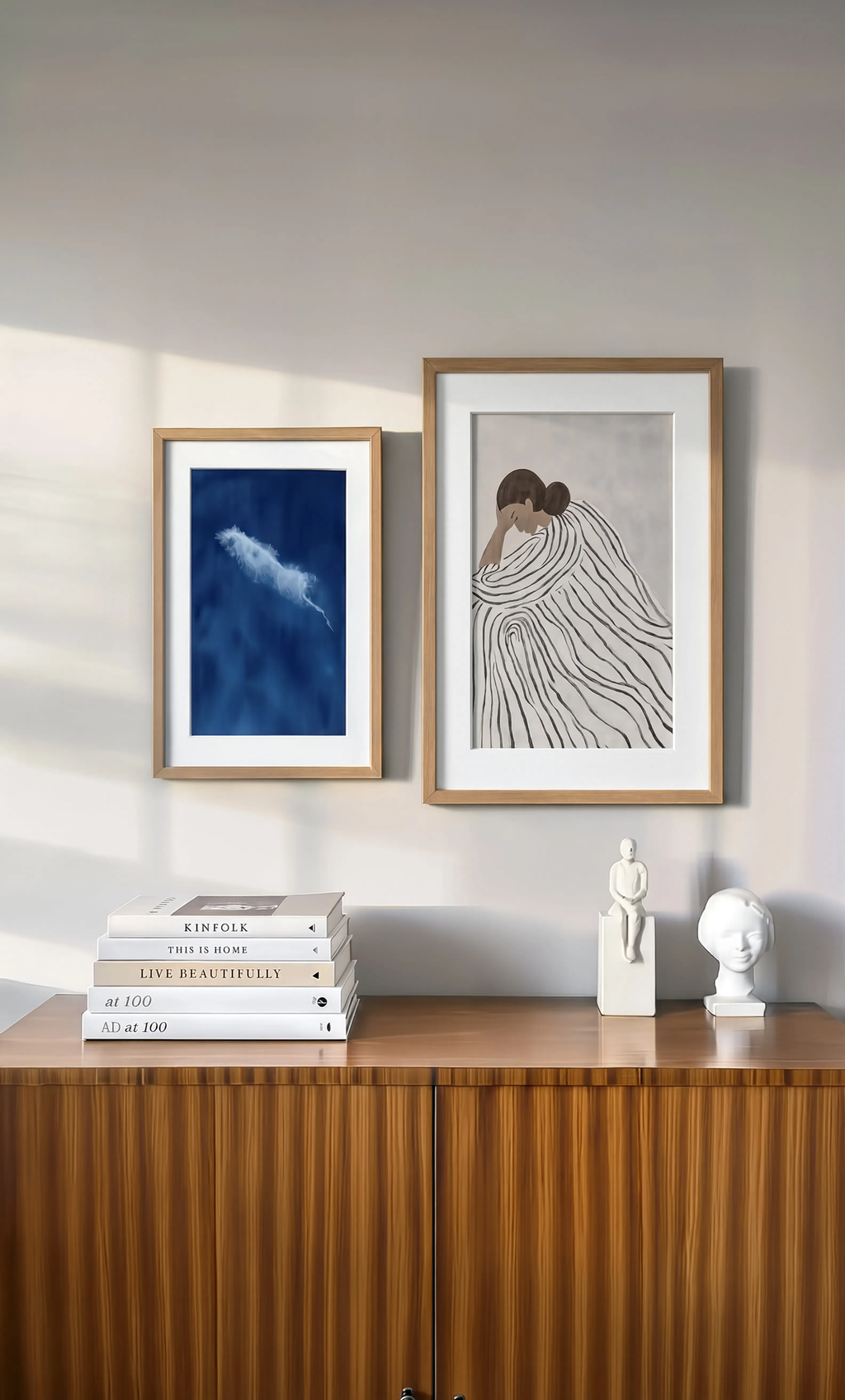 Set of 2 Striped Drapery Figure – New Pose I & Blue Hue Cloud Print II | Contemporary Wall Art Set