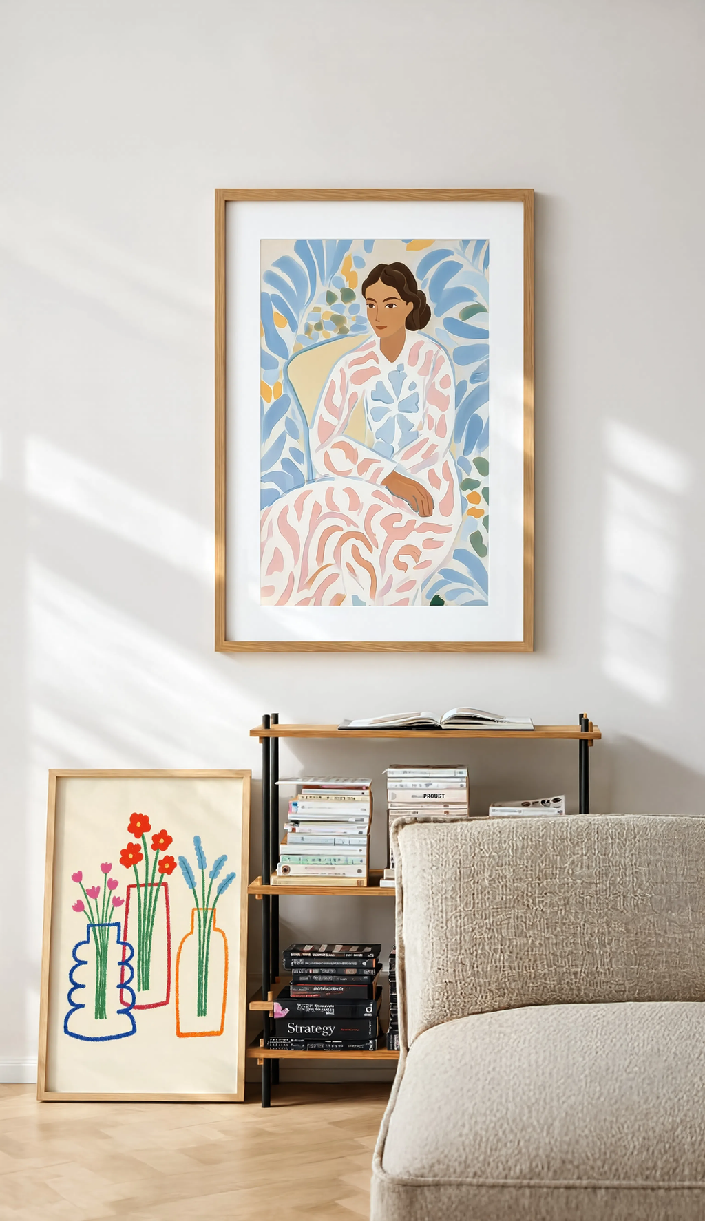 Set of 2 Seated Woman in Patterned Dress & Line Drawn Floral Vases Prints | Contemporary Figurative & Botanical Wall Art Set