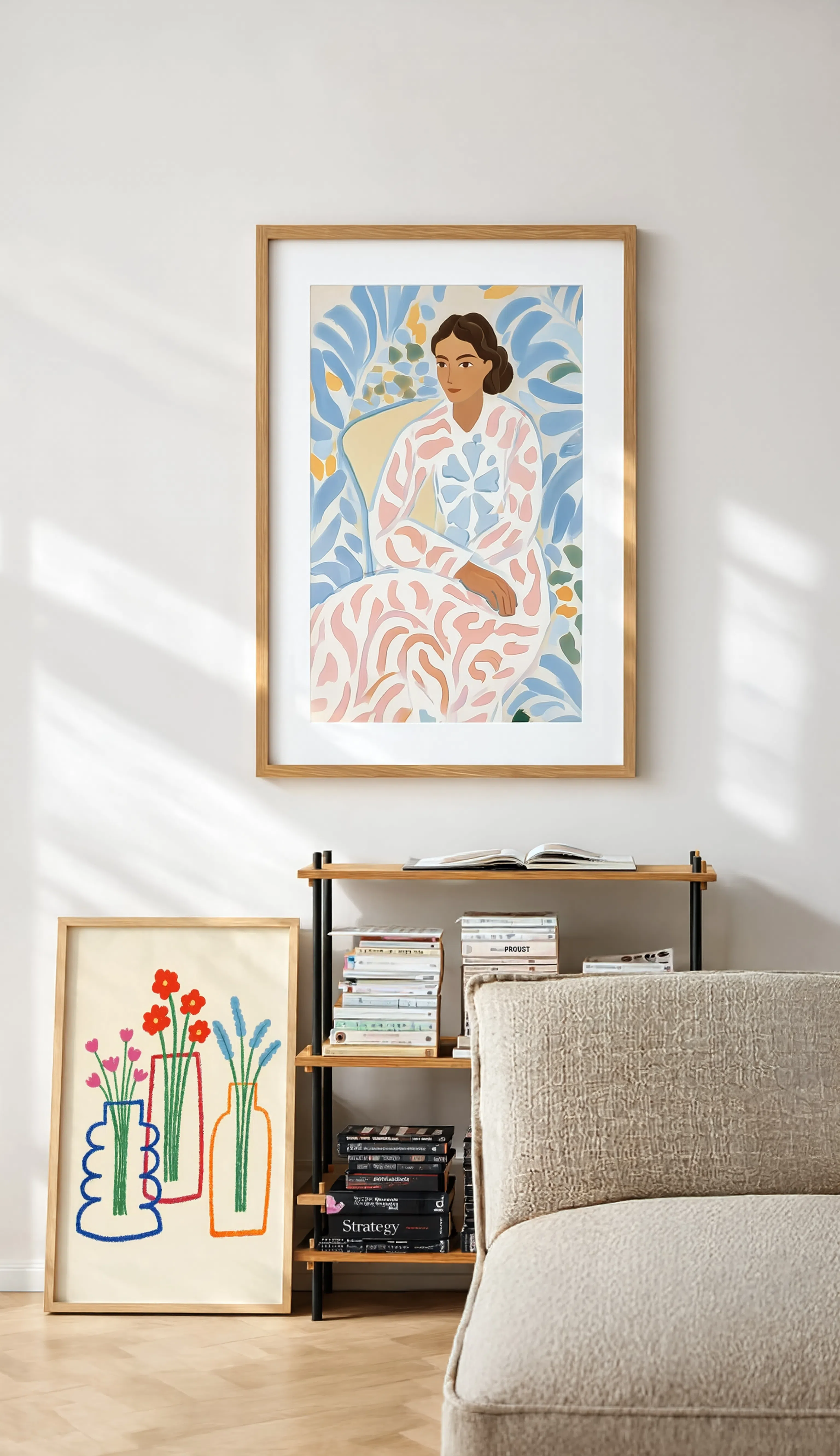 Set of 2 Seated Woman in Patterned Dress & Line Drawn Floral Vases Prints | Contemporary Figurative & Botanical Wall Art Set