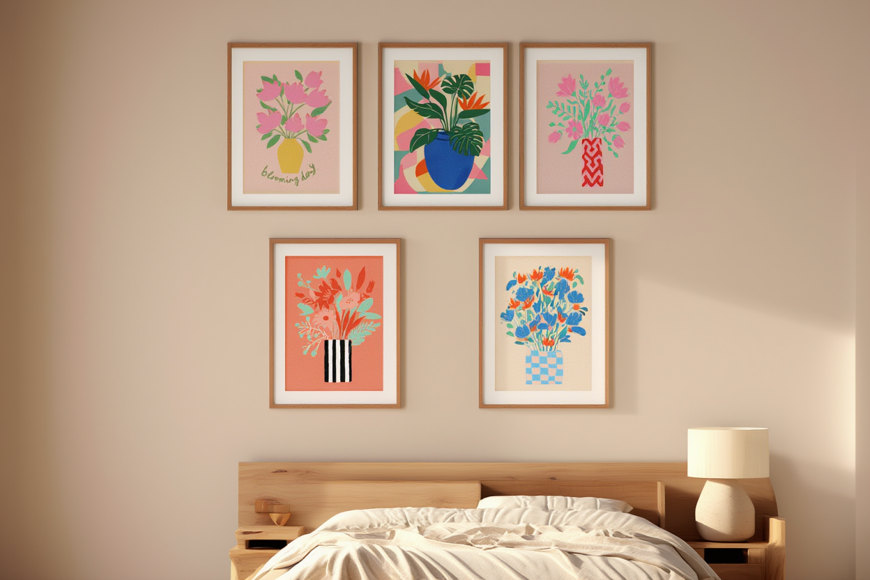 5 Geometric Vase & Wildflower Prints – Modern Minimalist Wall Art for Living Room, Kitchen & Office Decor - Hakyarts