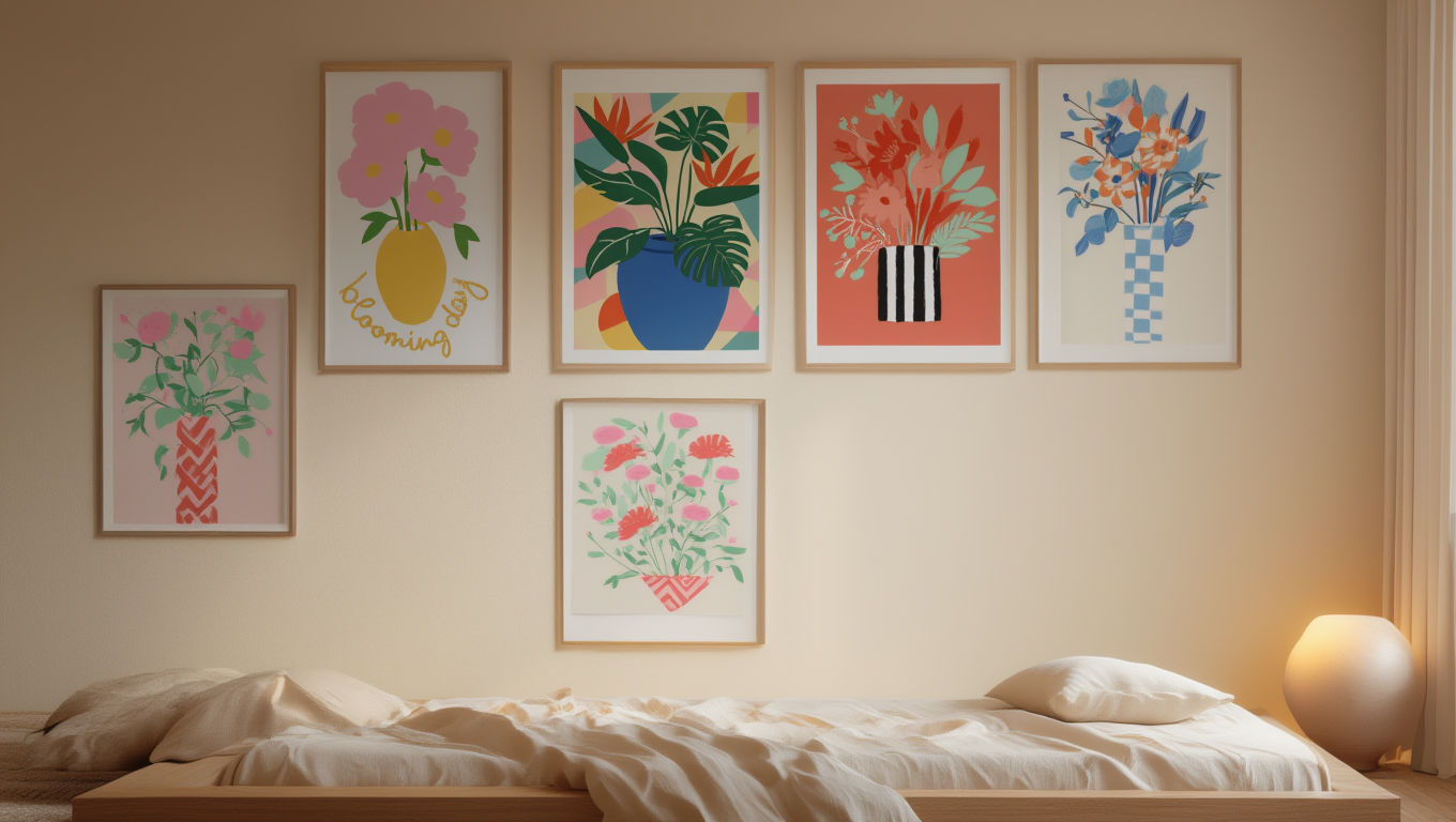5 Geometric Vase & Wildflower Prints – Modern Minimalist Wall Art for Living Room, Kitchen & Office Decor - Hakyarts