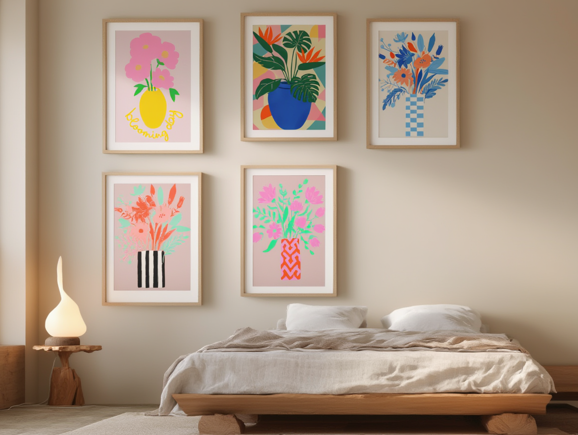 5 Geometric Vase & Wildflower Prints – Modern Minimalist Wall Art for Living Room, Kitchen & Office Decor - Hakyarts