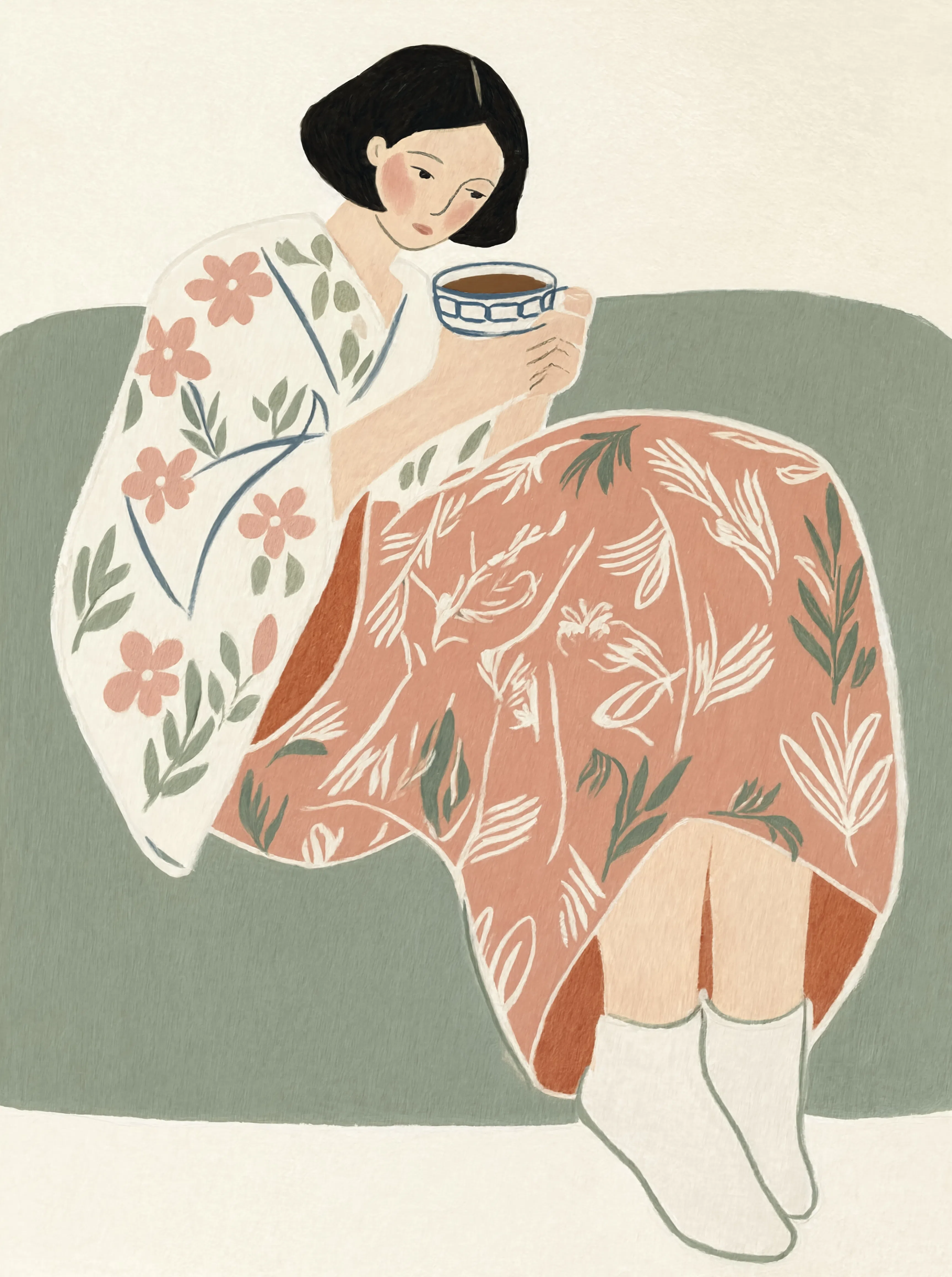 Folk Illustration Print | Woman Drinking Coffee | Contemporary Folk Wall Art