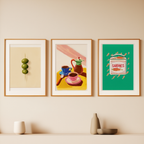 Set of 3 Olives, Sardines & Breakfast Table Prints – Mediterranean Kitchen Wall Art - Hakyarts
