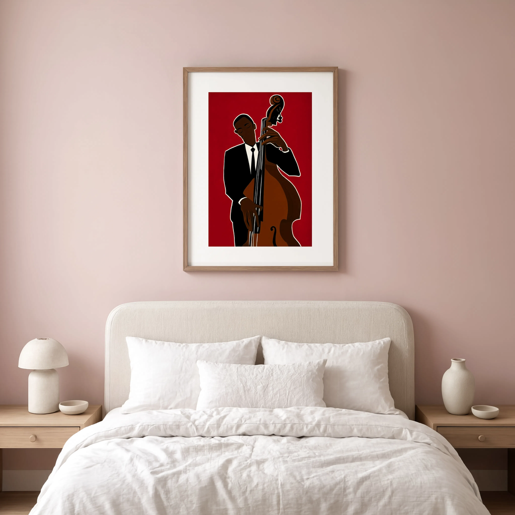 Standing Bass in Red | Bold Contemporary Music Wall Art Print